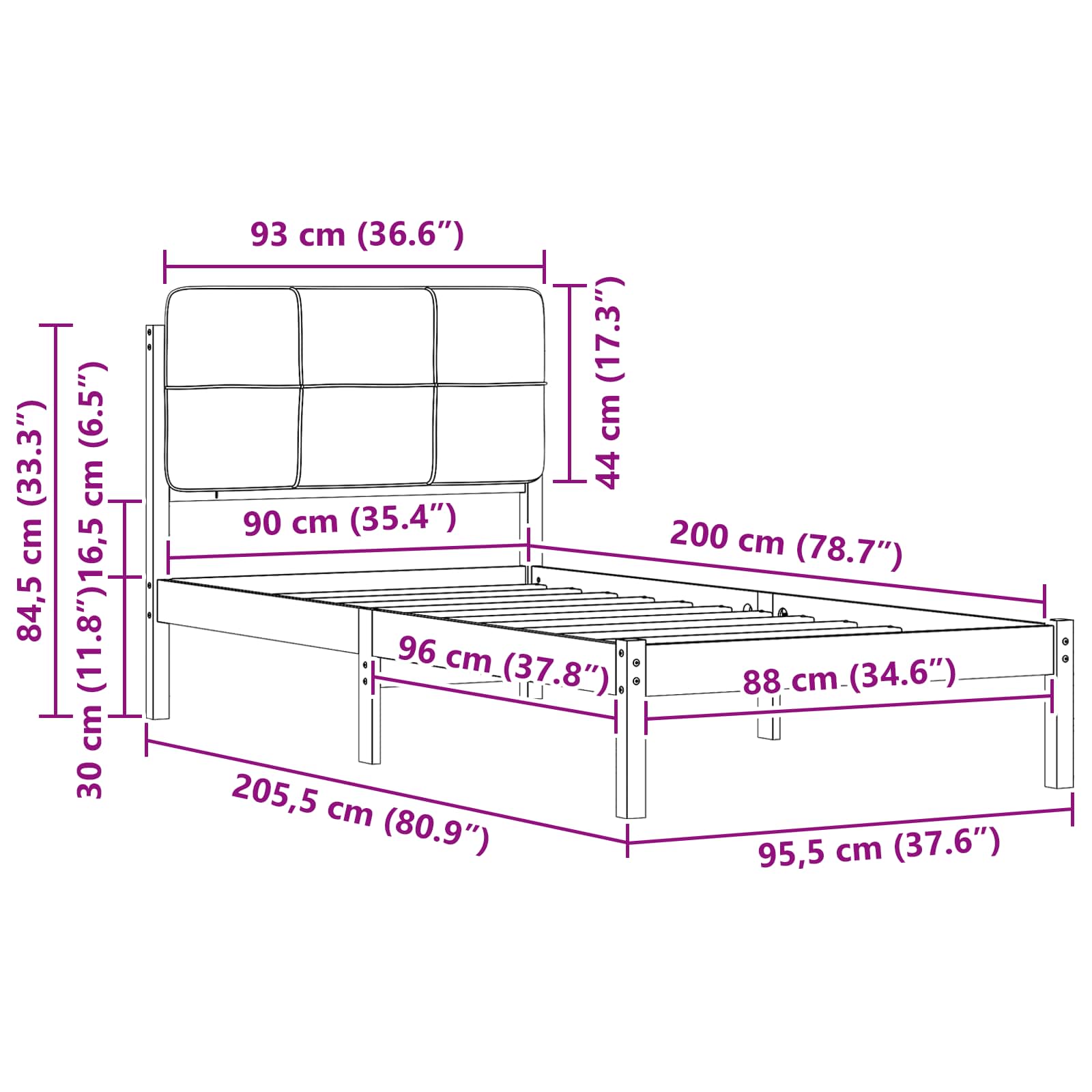 Bettgestell mit gepolstertem Kopfteil Hellgrau 90 x 200 cm