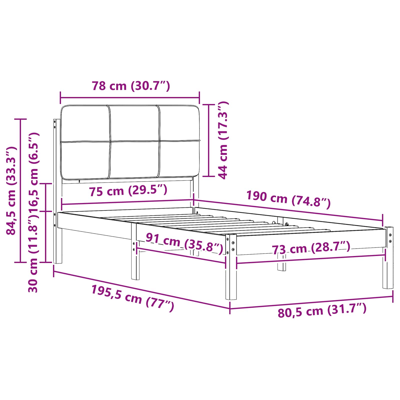 Bettgestell mit gepolstertem Kopfteil Hellgrau 75 x 190 cm