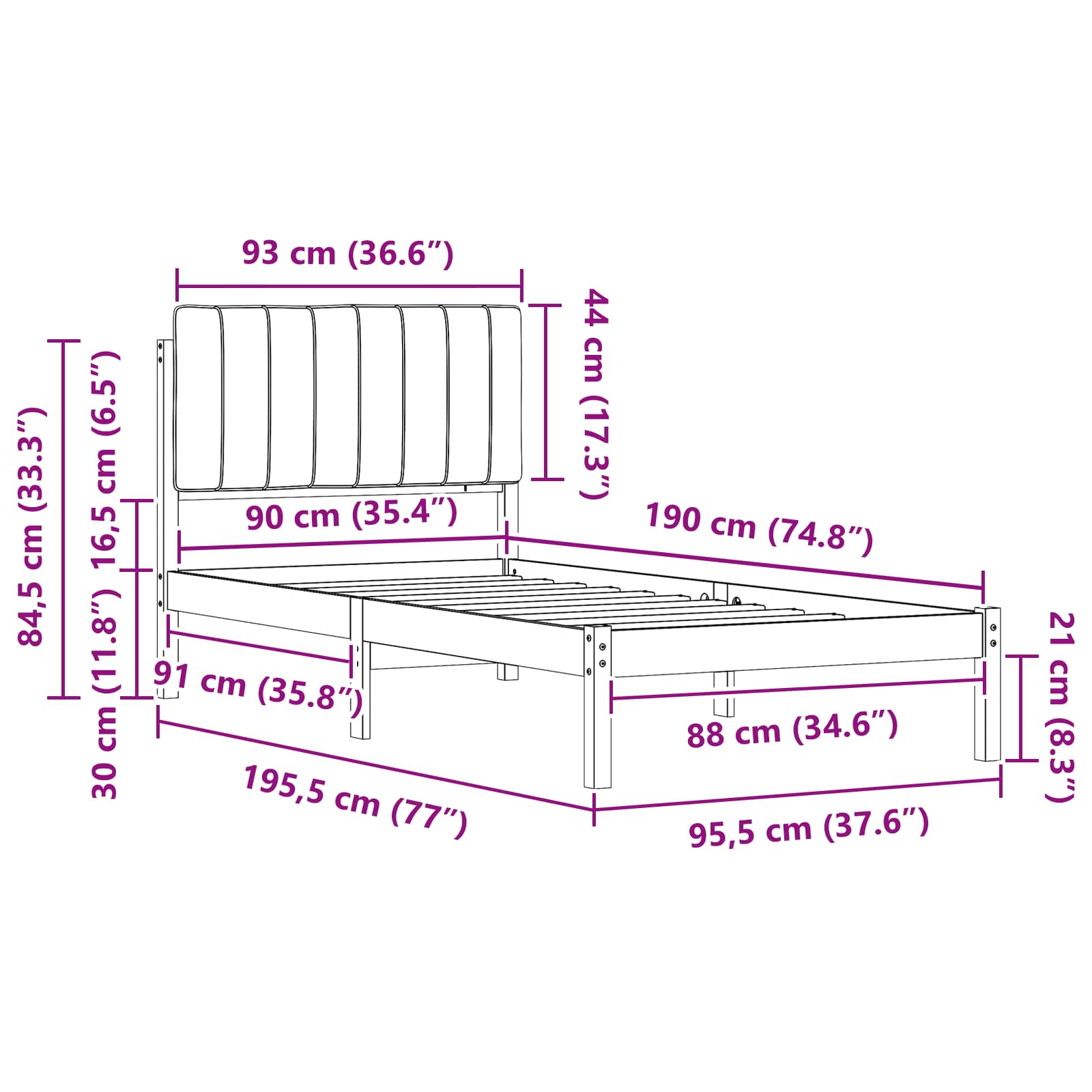 Bettgestell mit gepolstertem Kopfteil Dunkelgrau 90 x 190 cm