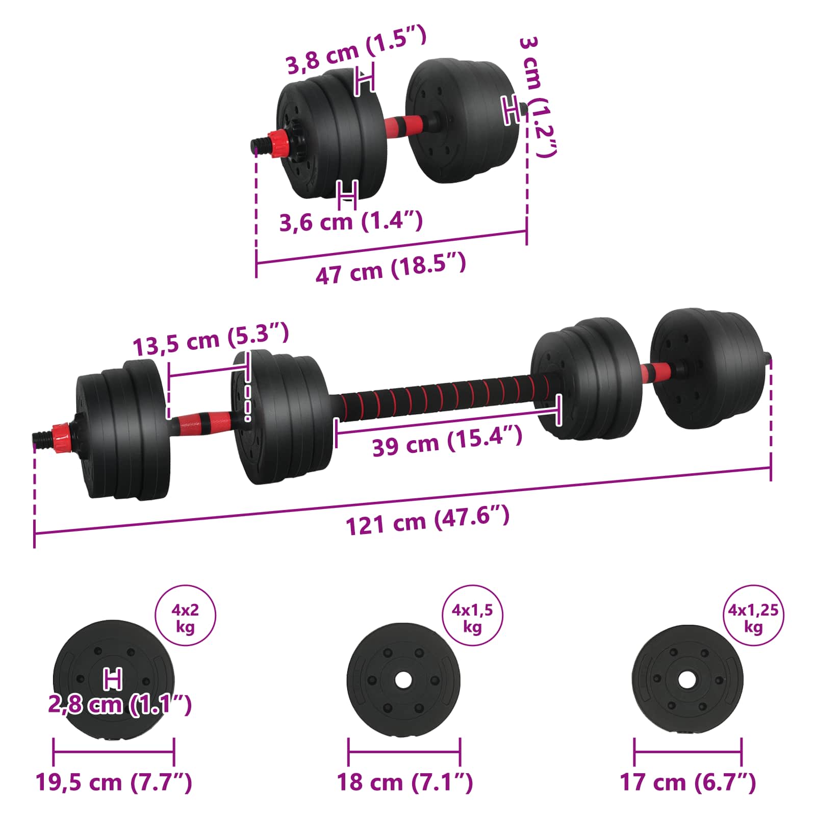 2-in-1 Hantelset 30kg Schwarz und Rot Zement und Eisensand