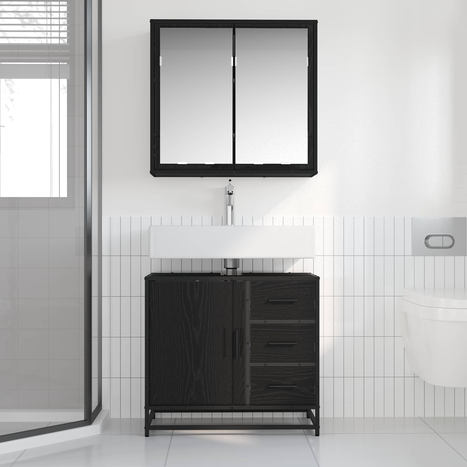 Badezimmermöbel Set 2 pcs Schwarz Eichen-Optik Holzwerkstoff