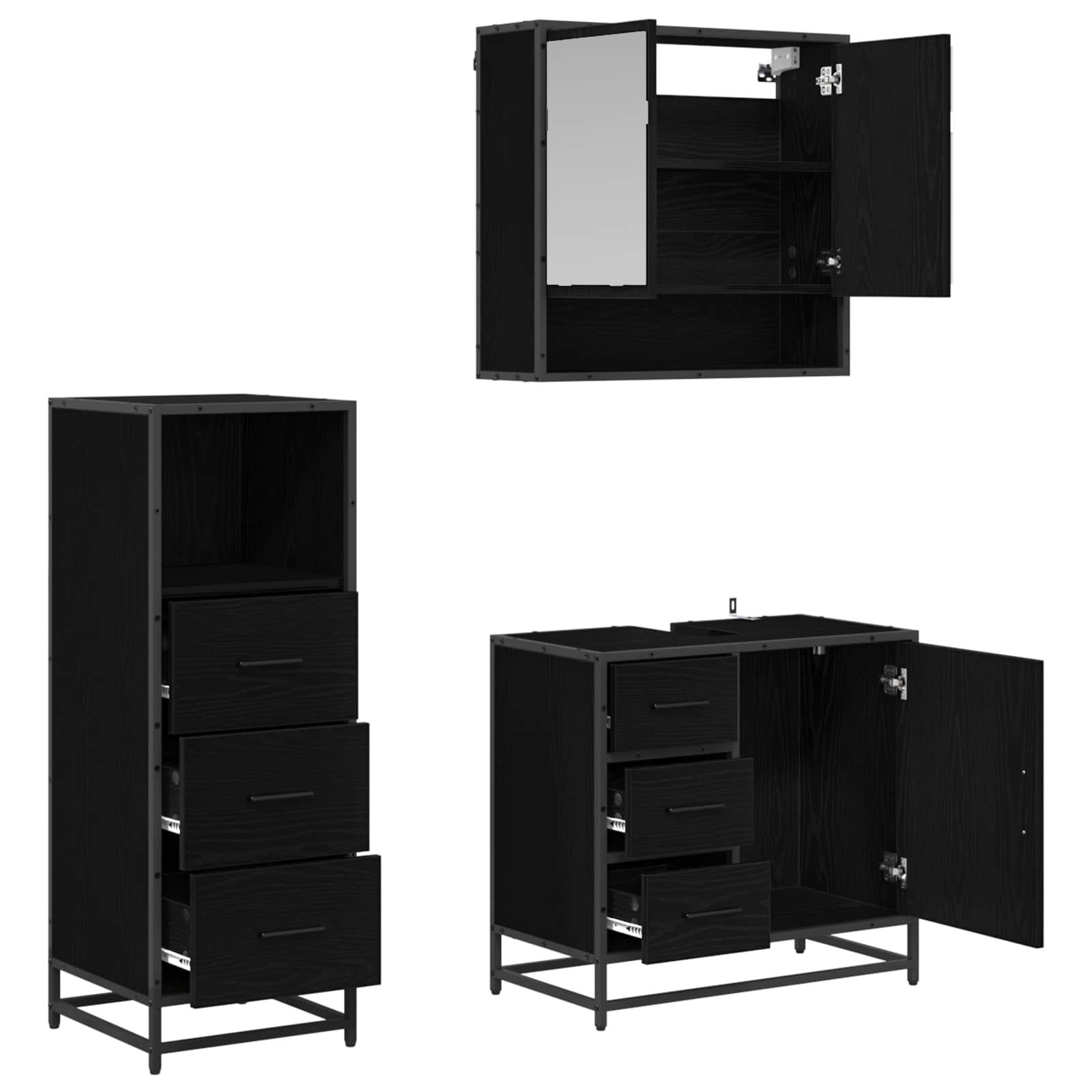 Badezimmermöbel-Set 3 pcs Schwarz Eichen-Optik Holzwerkstoff