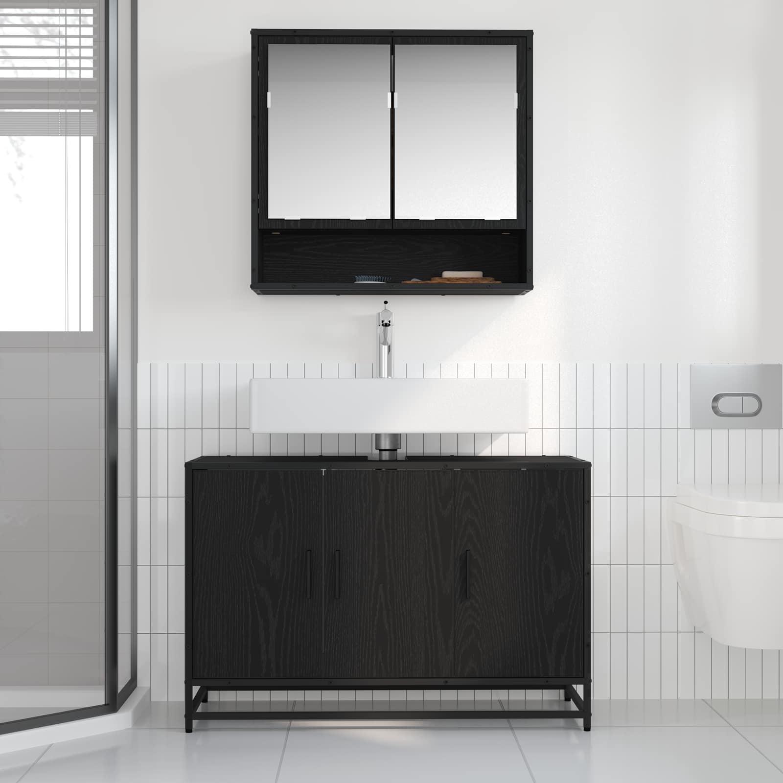 Badezimmermöbel-Set 2 pcs Schwarz Eichen-Optik Holzwerkstoff