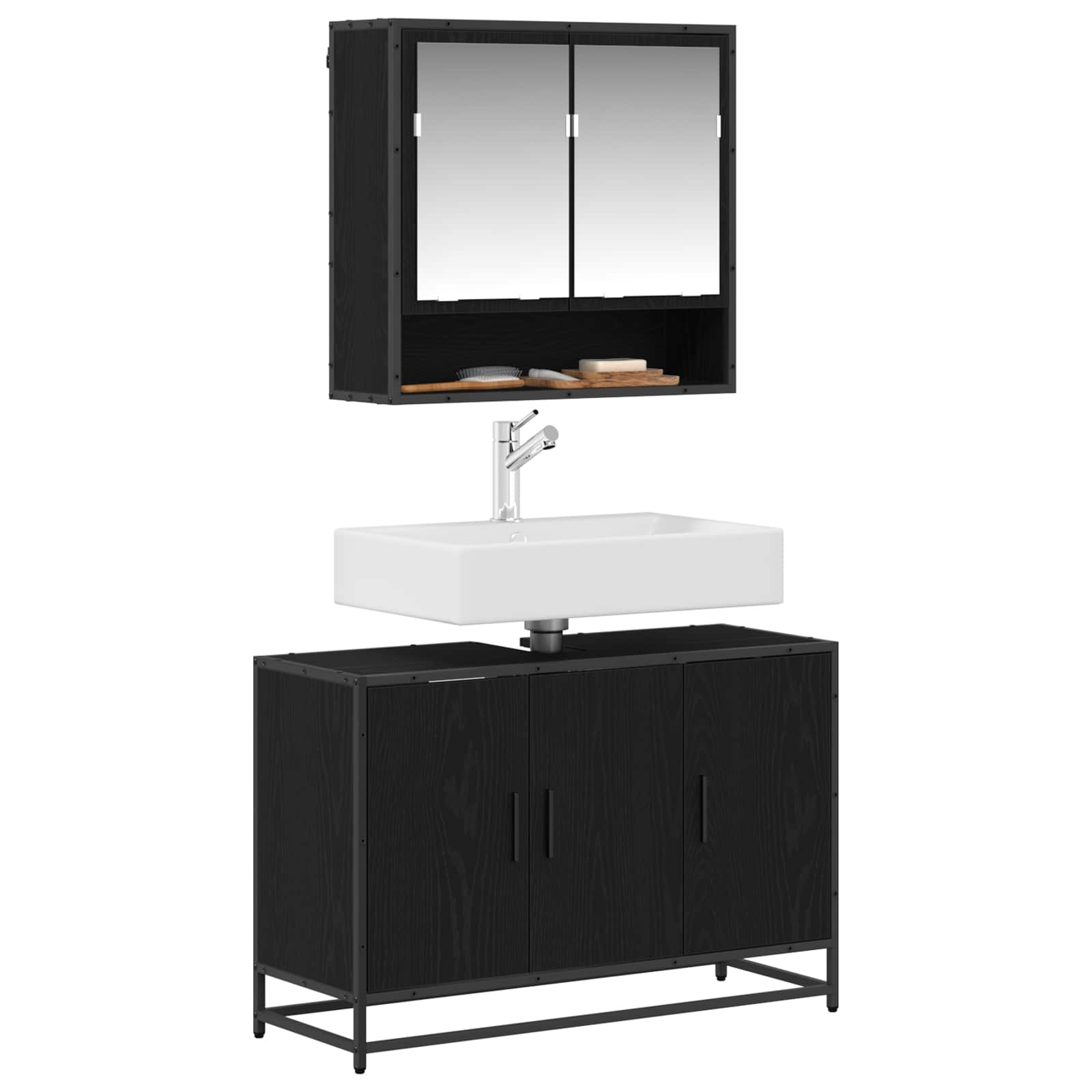 Badezimmermöbel-Set 2 pcs Schwarz Eichen-Optik Holzwerkstoff