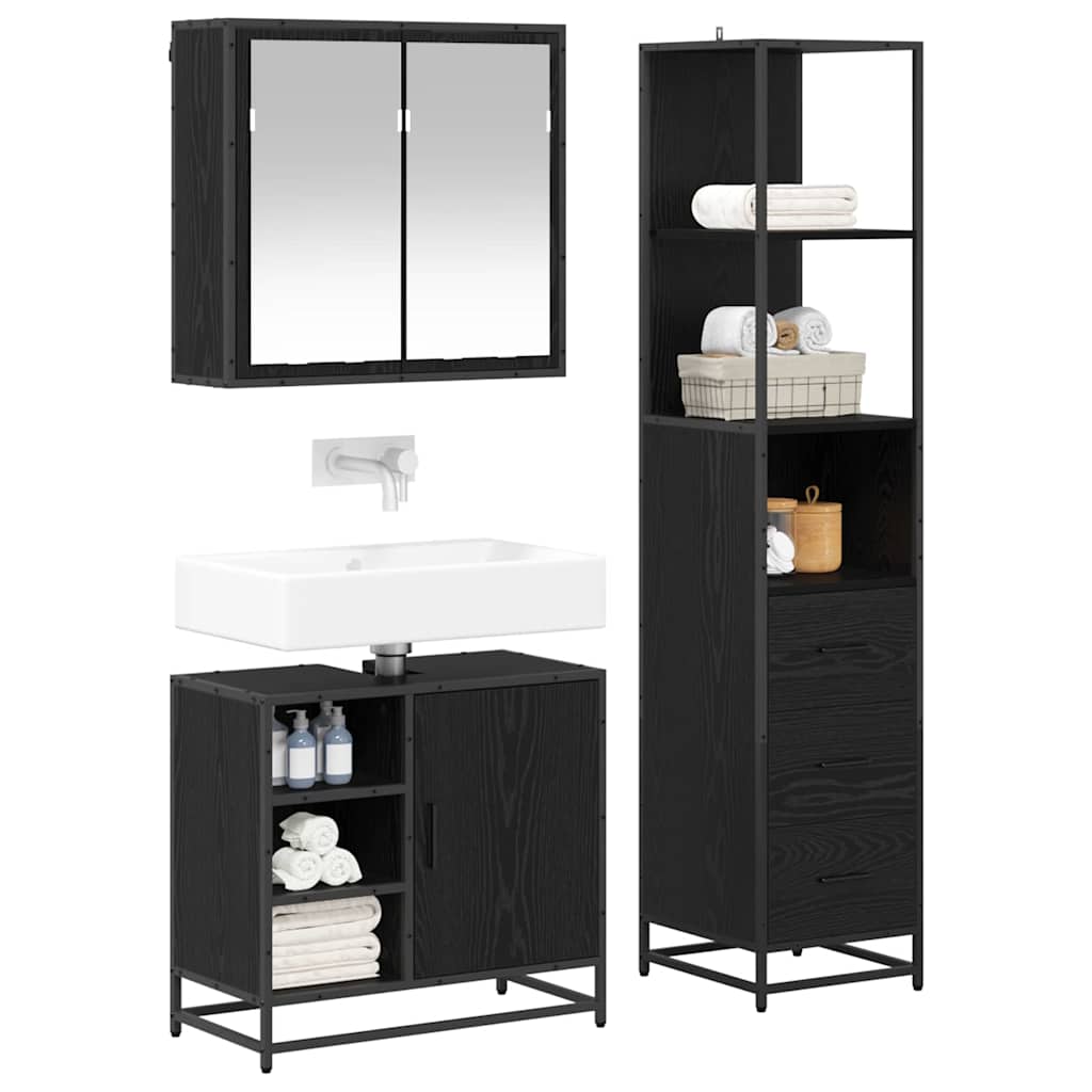 Badezimmermöbel-Set 3 pcs Schwarz Eichen-Optik Holzwerkstoff