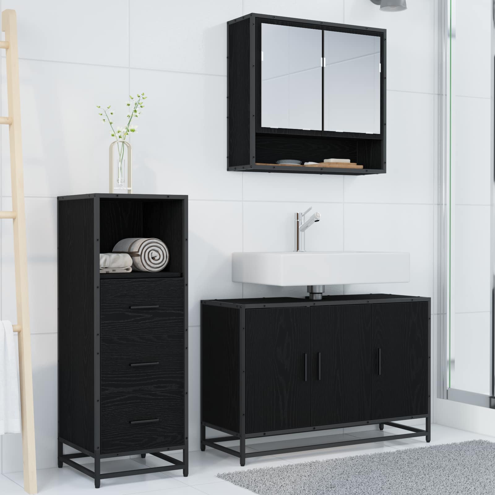 Badezimmermöbel-Set 3 pcs Schwarz Eichen-Optik Holzwerkstoff