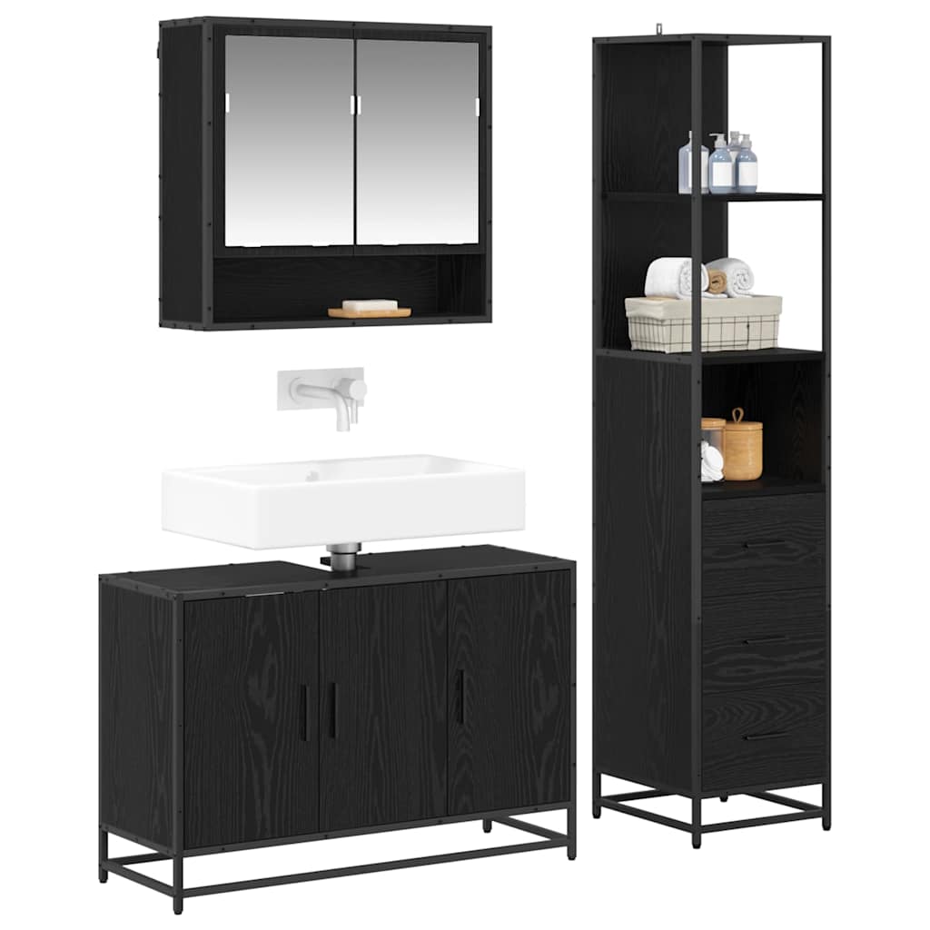 Badezimmermöbel-Set 3 pcs Schwarz Eichen-Optik Holzwerkstoff