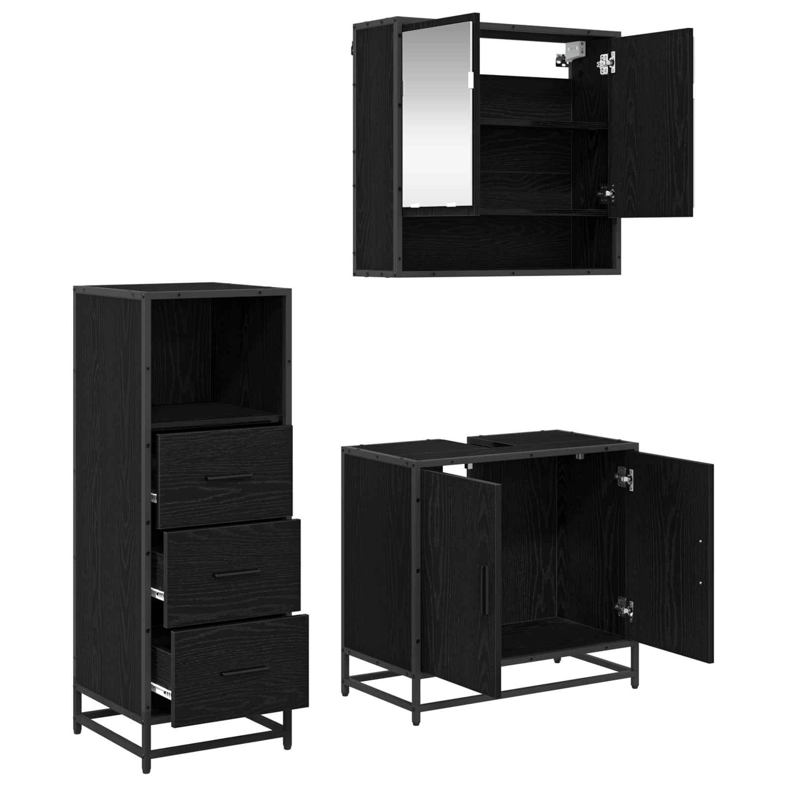 Badezimmermöbel-Set 3 pcs Schwarz Eichen-Optik Holzwerkstoff