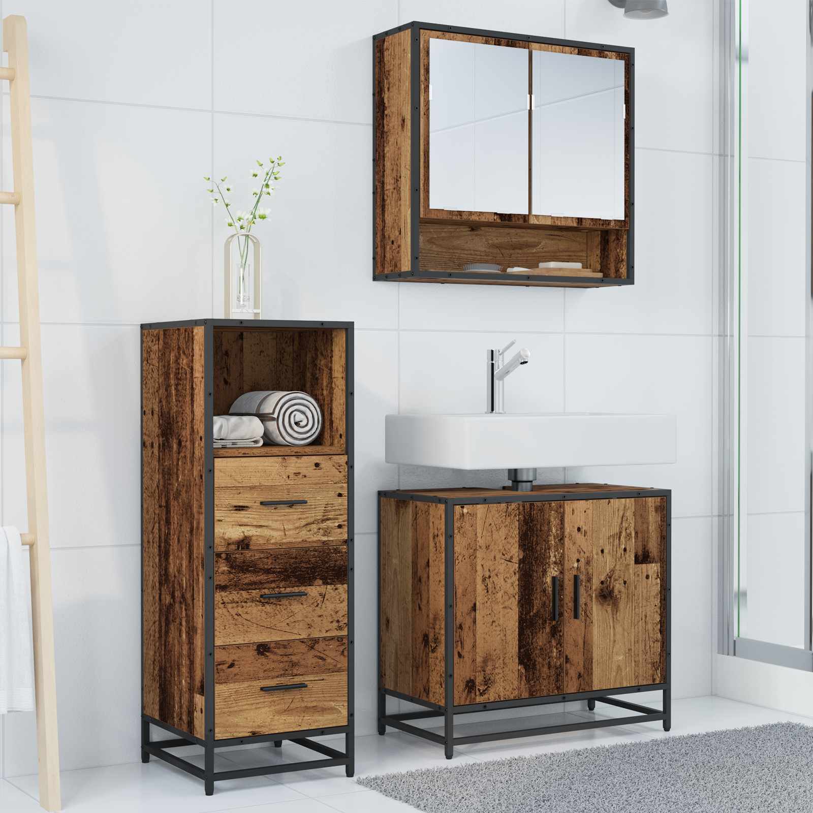 Badezimmermöbel-Set mit Schubladen 3 pcs Altholz Holzwerkstoff