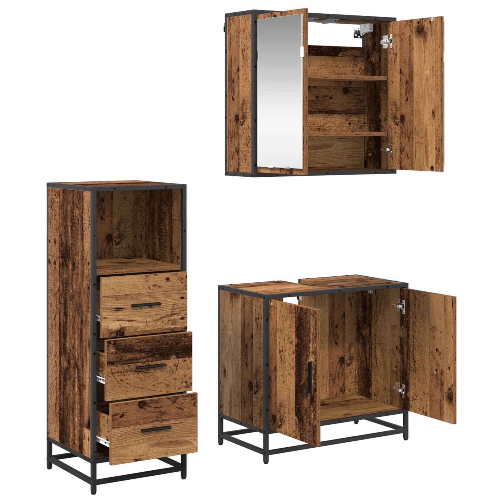 Badezimmermöbel-Set mit Schubladen 3 pcs Altholz Holzwerkstoff