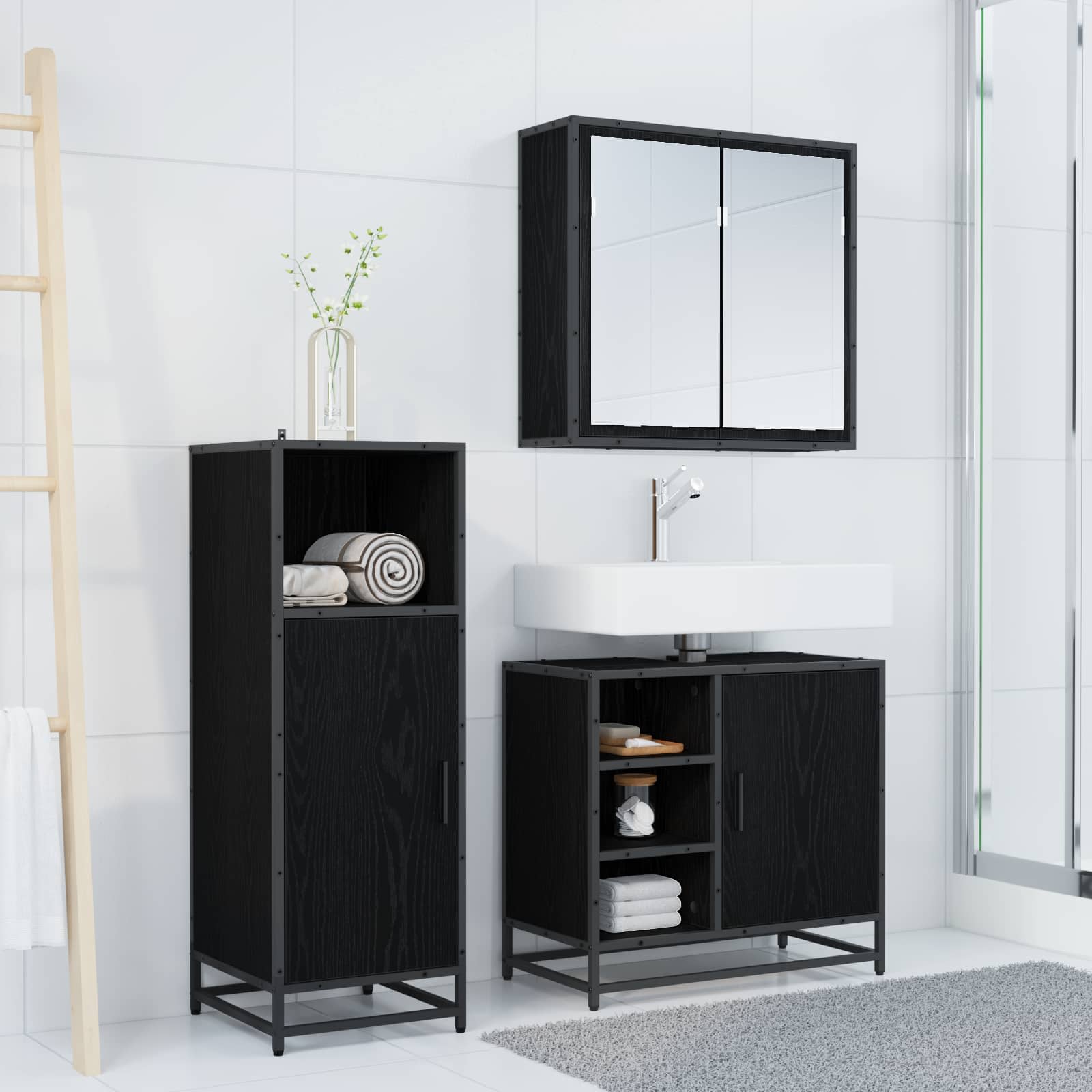 Badezimmermöbel-Set 3 pcs Schwarz Eichen-Optik Holzwerkstoff