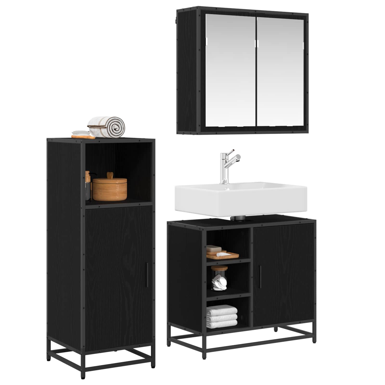 Badezimmermöbel-Set 3 pcs Schwarz Eichen-Optik Holzwerkstoff