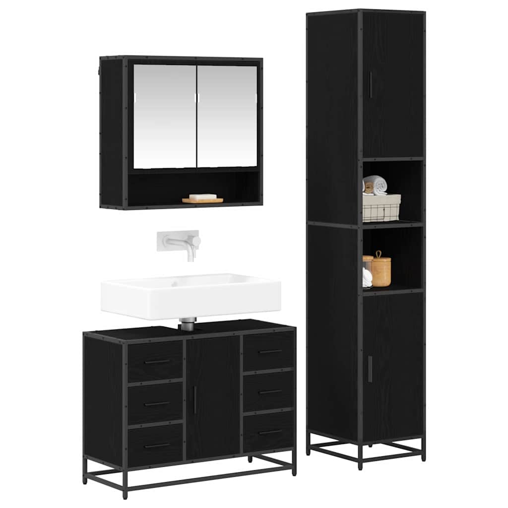 Badezimmermöbel-Set 3 pcs Schwarz Eichen-Optik Holzwerkstoff
