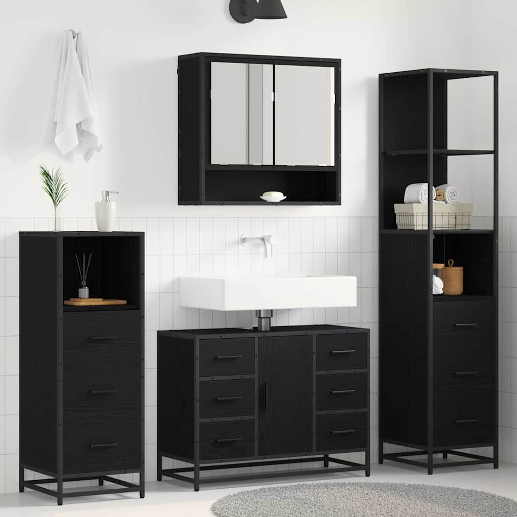 Badezimmermöbel-Set 3 pcs Schwarz Eichen-Optik Holzwerkstoff