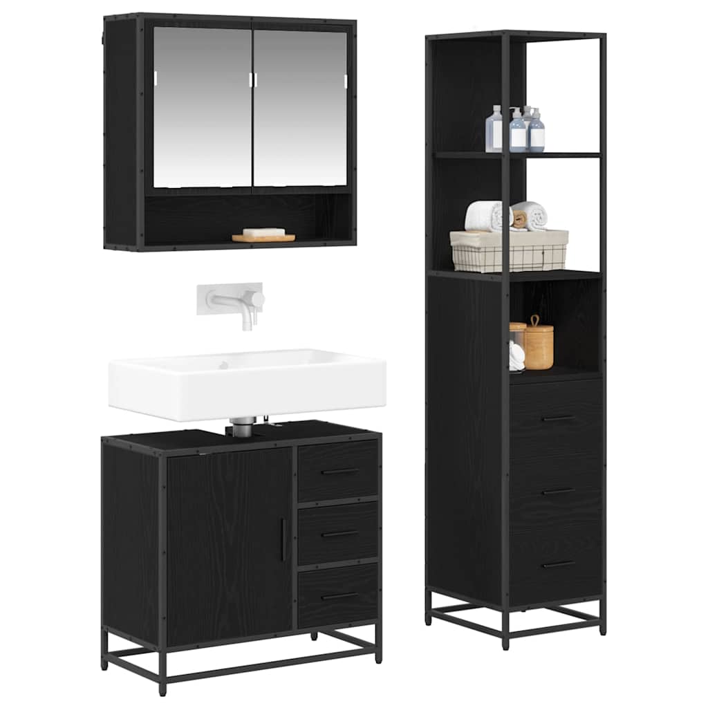 Badezimmermöbel-Set 3 pcs Schwarz Eichen-Optik Holzwerkstoff
