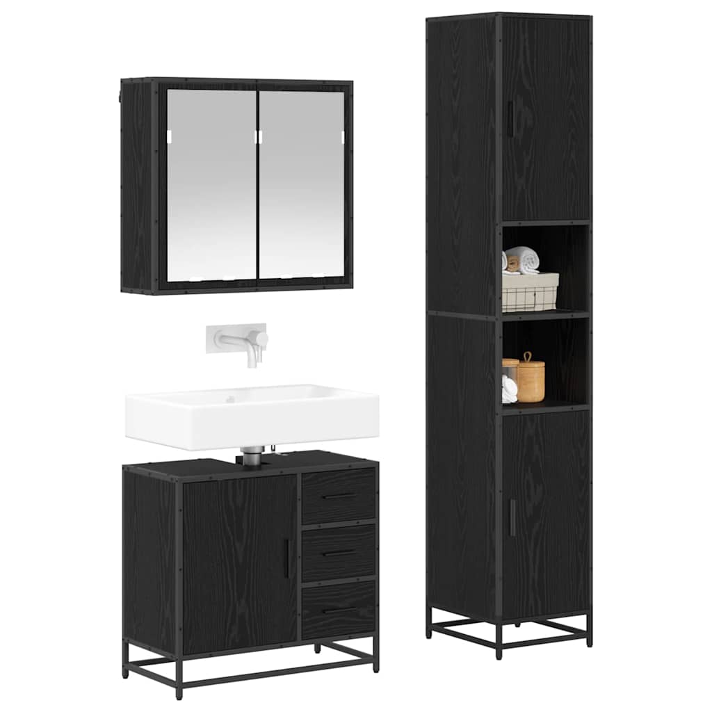 Badezimmermöbel-Set 3 pcs Schwarz Eichen-Optik Holzwerkstoff