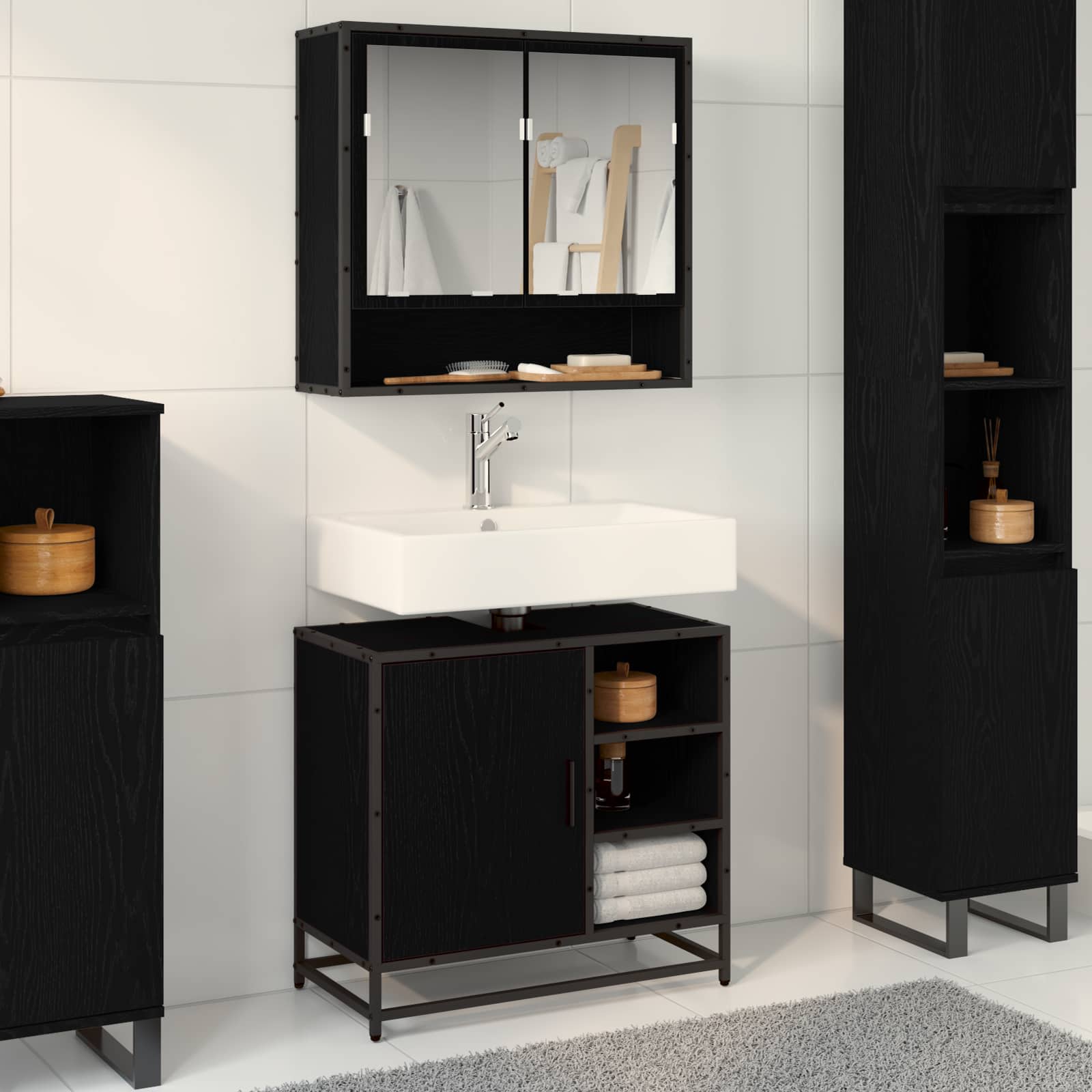 Badezimmermöbel-Set 2 pcs Schwarz Eichen-Optik Holzwerkstoff