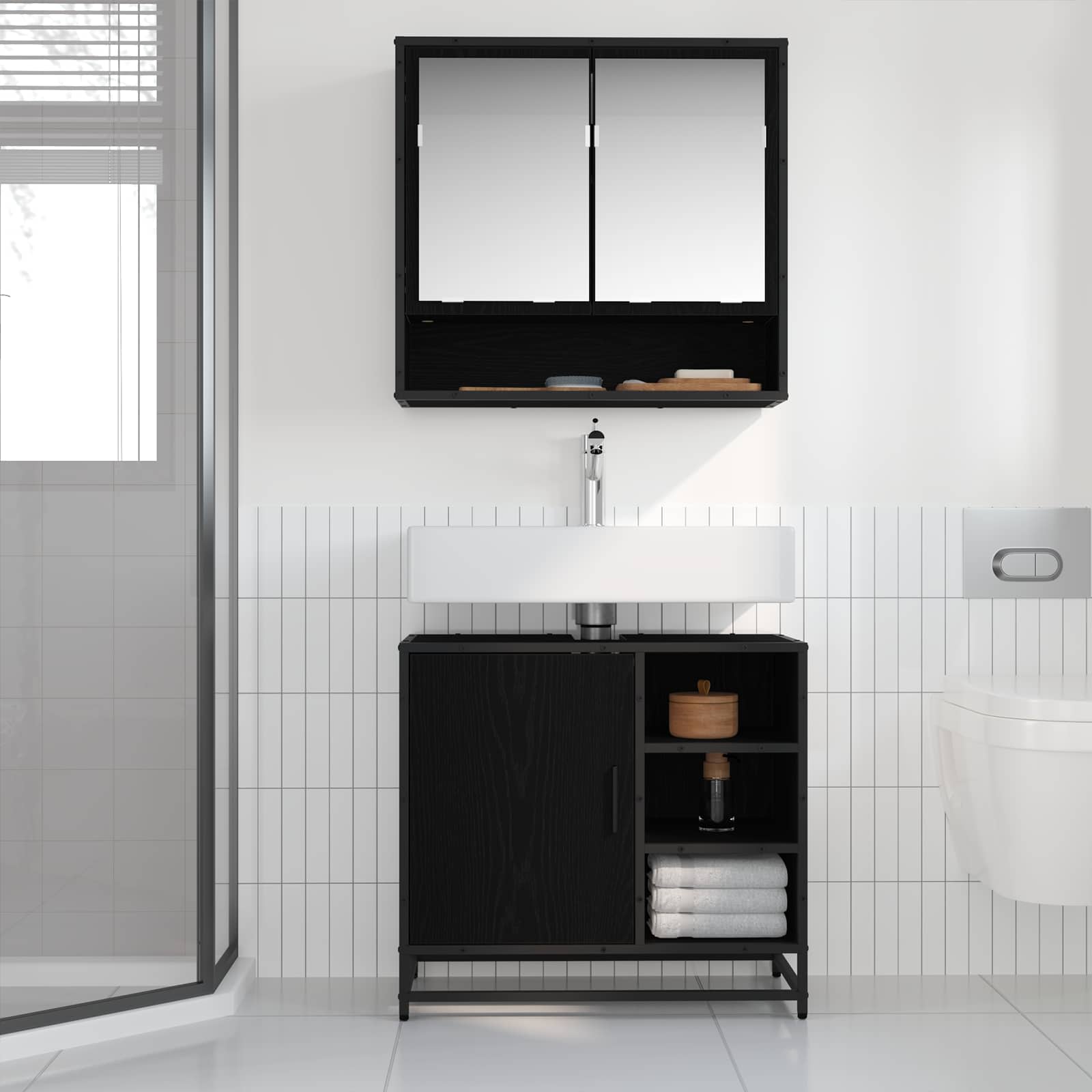 Badezimmermöbel-Set 2 pcs Schwarz Eichen-Optik Holzwerkstoff