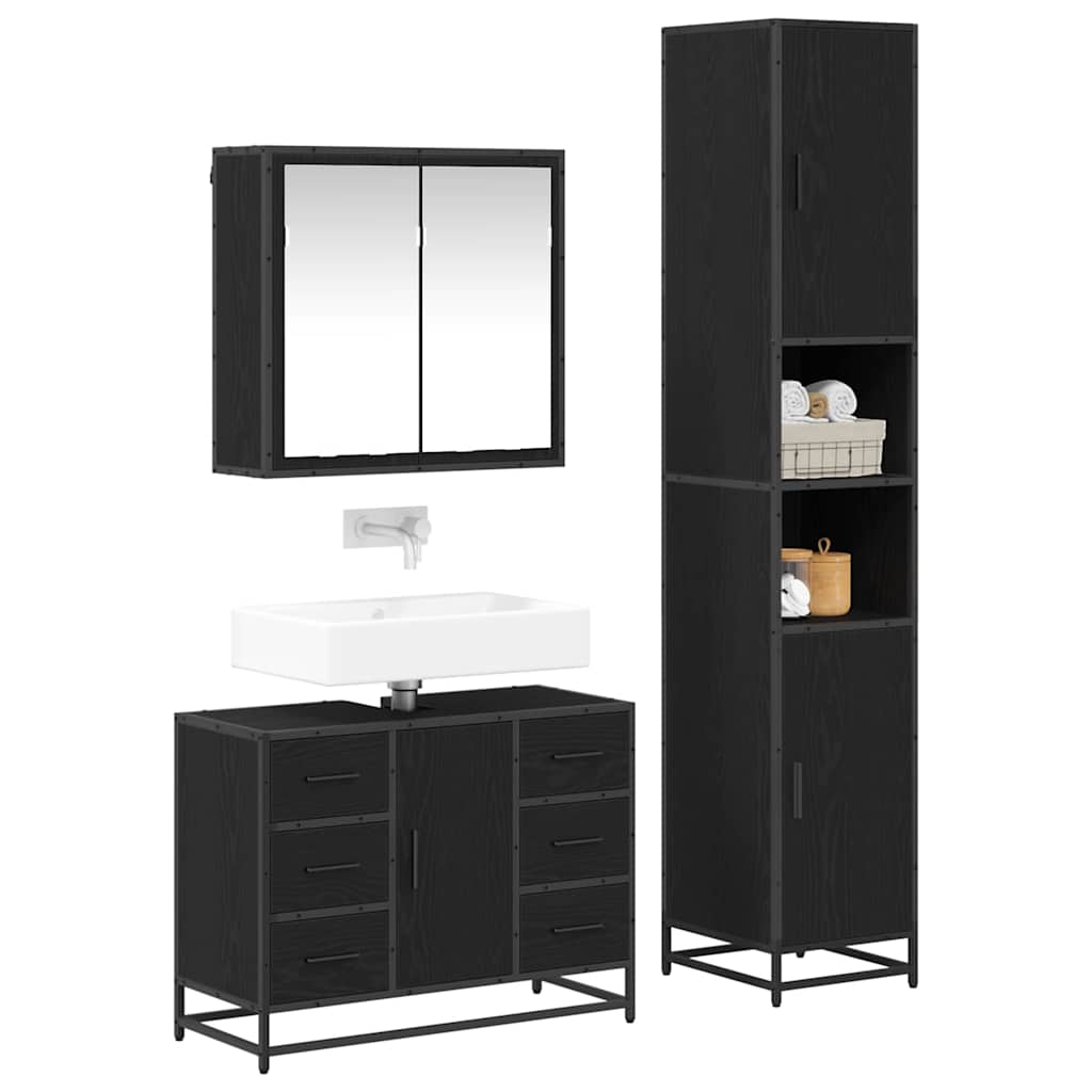 Badezimmermöbel-Set 3 pcs Schwarz Eichen-Optik Holzwerkstoff