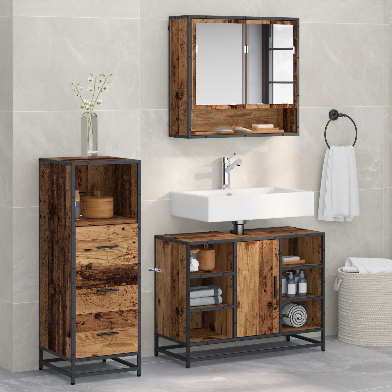 Badezimmermöbel-Set mit Schubladen 3 pcs Altholz Holzwerkstoff