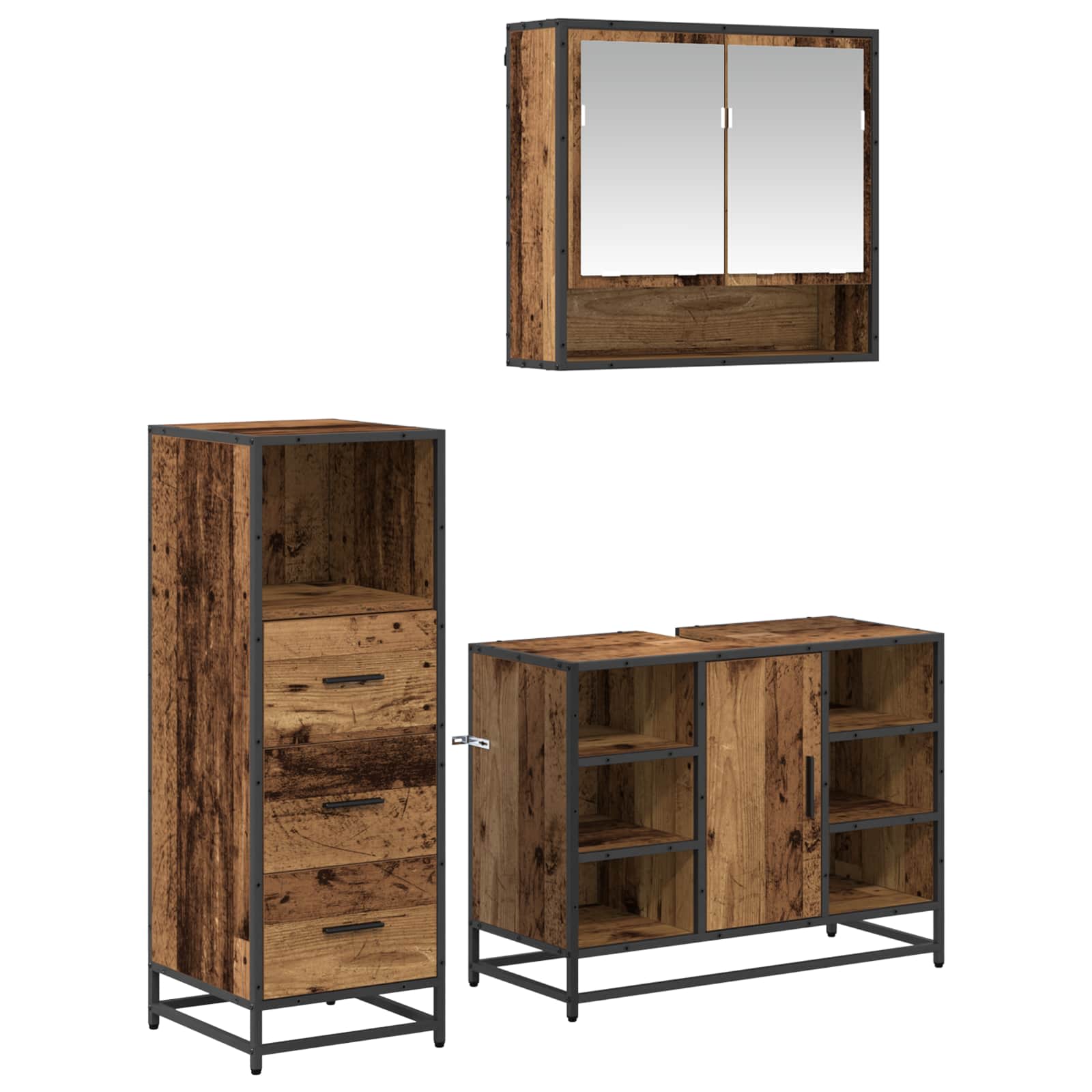 Badezimmermöbel-Set mit Schubladen 3 pcs Altholz Holzwerkstoff