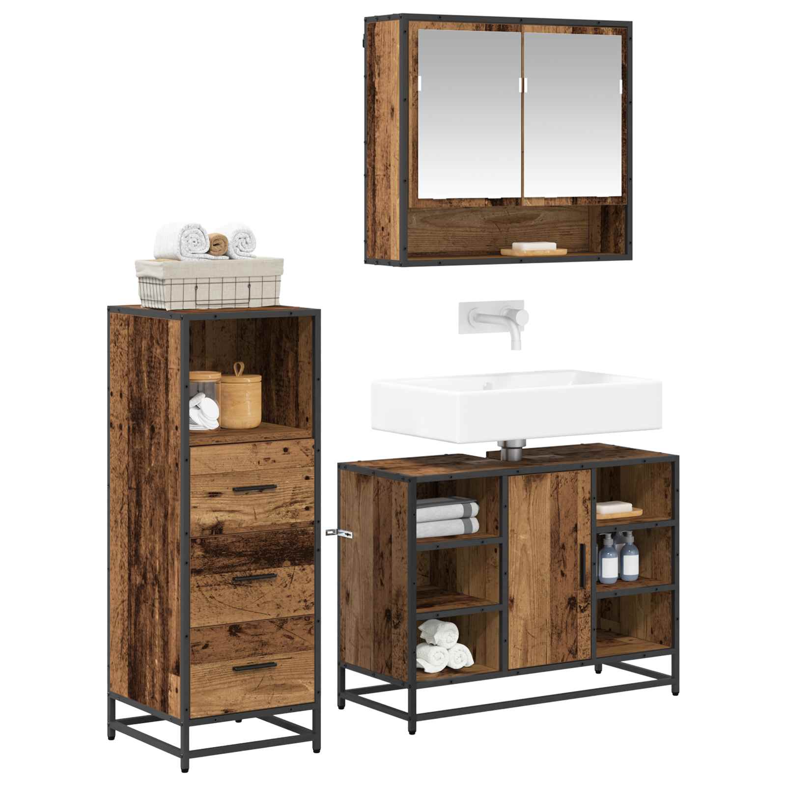 Badezimmermöbel-Set mit Schubladen 3 pcs Altholz Holzwerkstoff