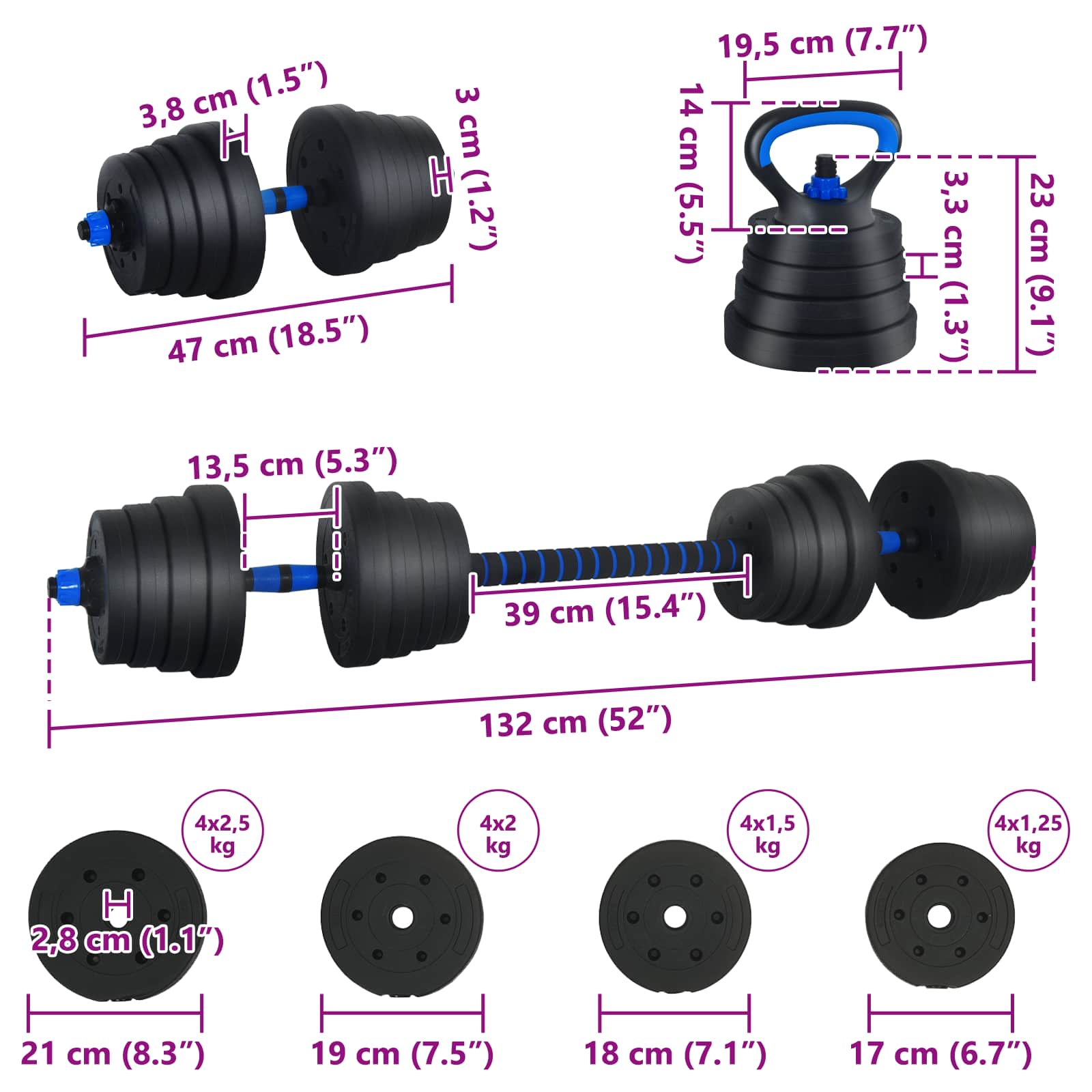 4-in-1 Kurzhantel Langhantel Kettlebell Set 30 kg