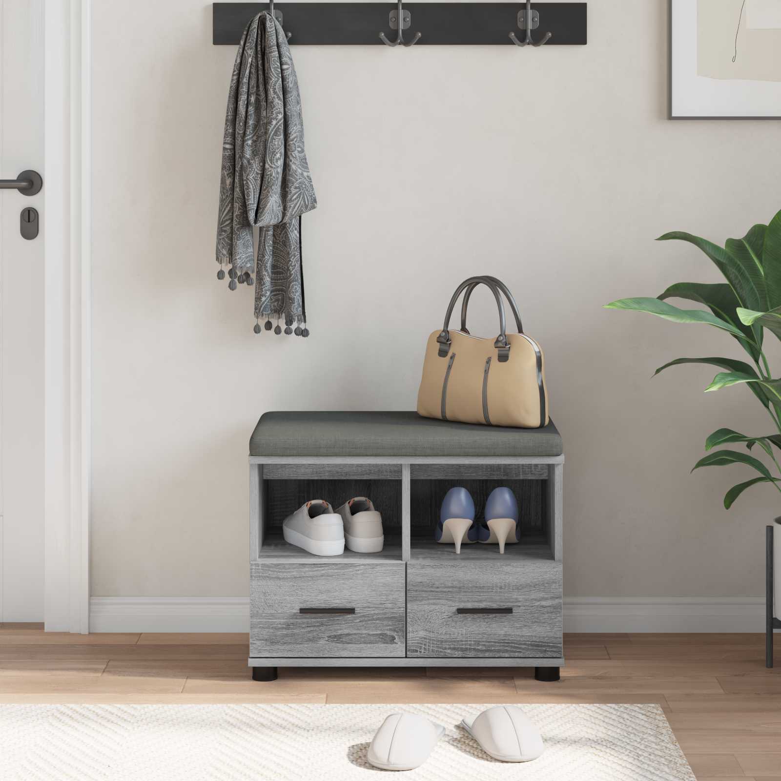 Flurbank mit Kissen mit Regal Graues Sonoma 60 x 38 x 46 cm
