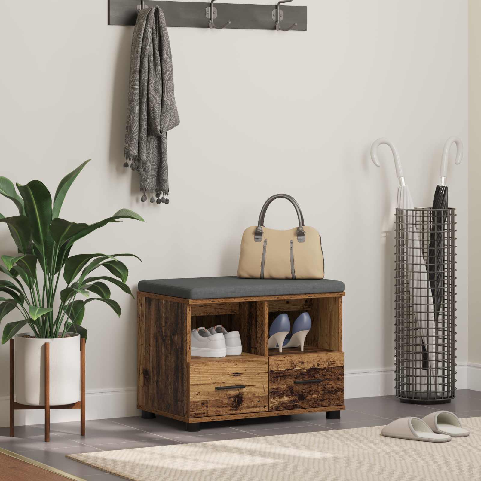Flurbank mit Kissen mit Schubladen Altholz 60 x 38 x 46 cm