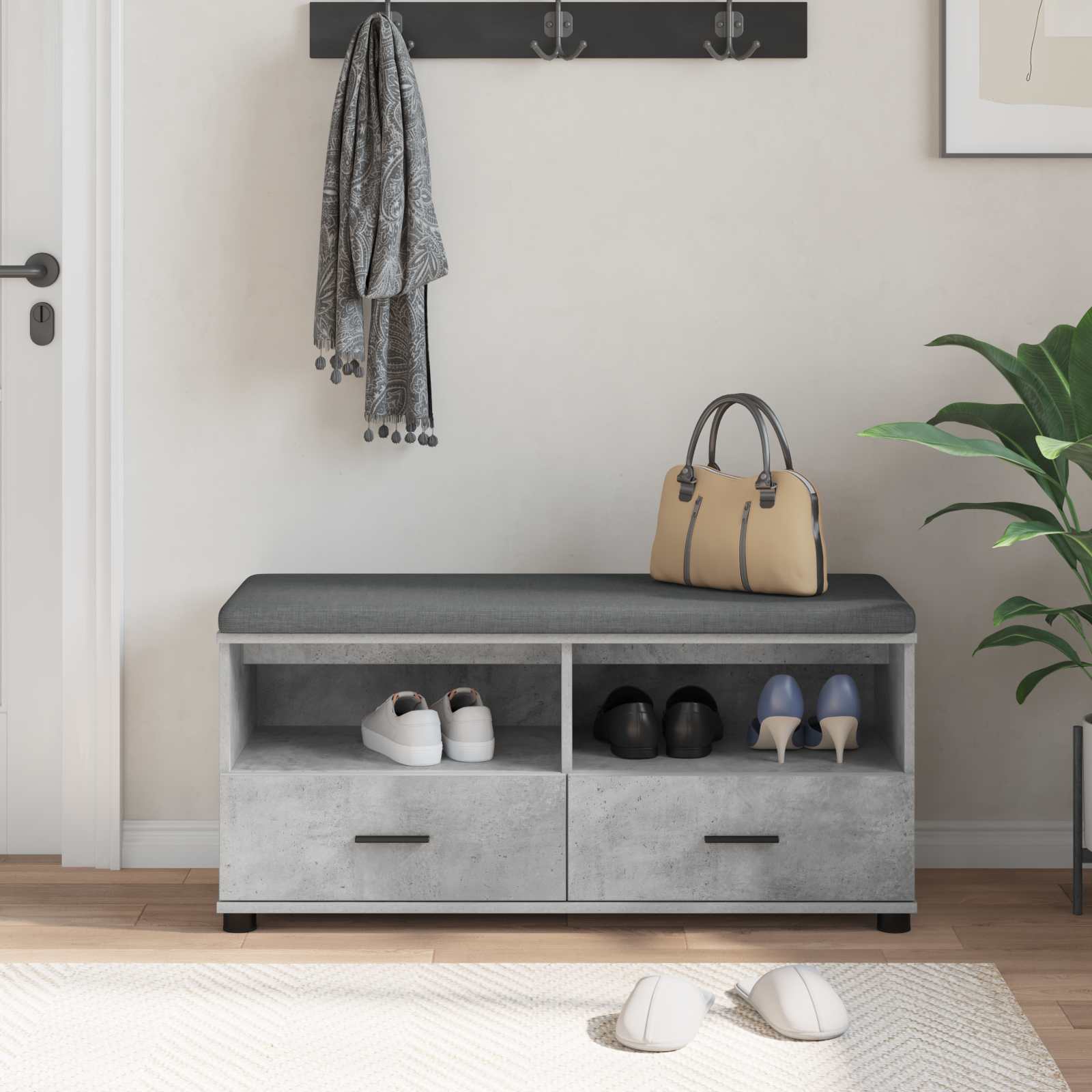 Flurbank mit Kissen mit Schubladen Betongrau 100 x 38 x 46 cm