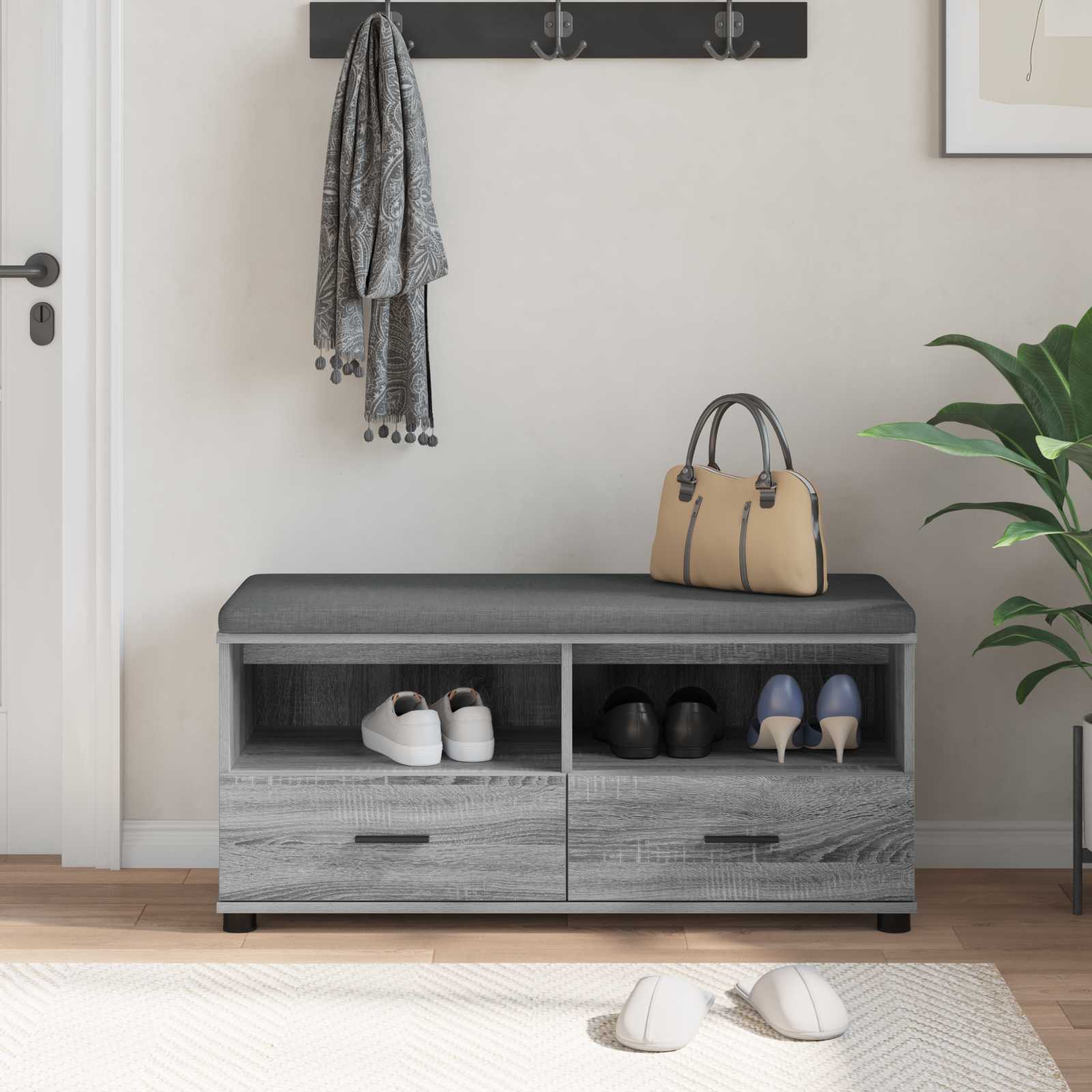 Flurbank mit Kissen mit Regal Graues Sonoma 100 x 38 x 46 cm