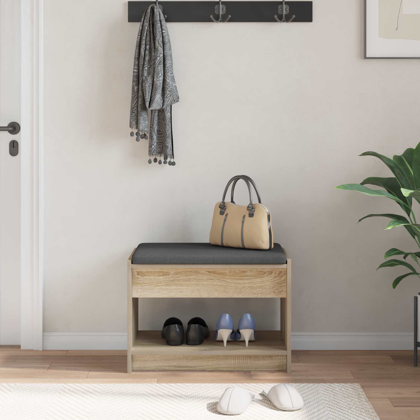 Flurbank mit Kissen mit Regal Sonoma-Eiche 63 x 38 x 45 cm