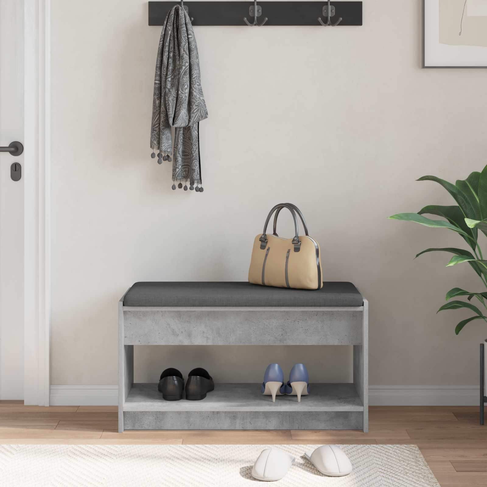 Flurbank mit Kissen mit Regal Betongrau 83 x 38 x 45 cm