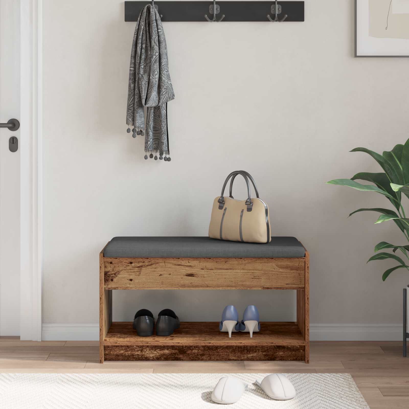 Flurbank mit Kissen mit Regal Altholz 83 x 38 x 45 cm