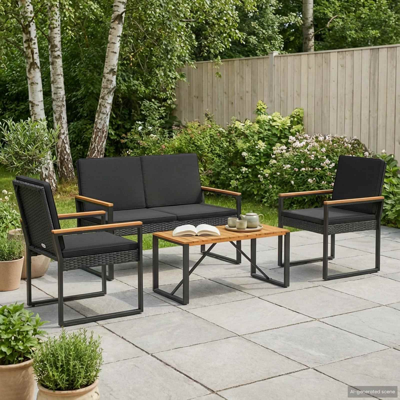 Gartenmöbel Set mit Kissen 4 pcs Schwarz Poly-Rattan