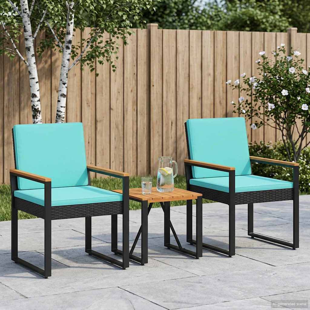 Gartenmöbel Set mit Kissen 3 pcs Schwarz und Türkis Poly-Rattan