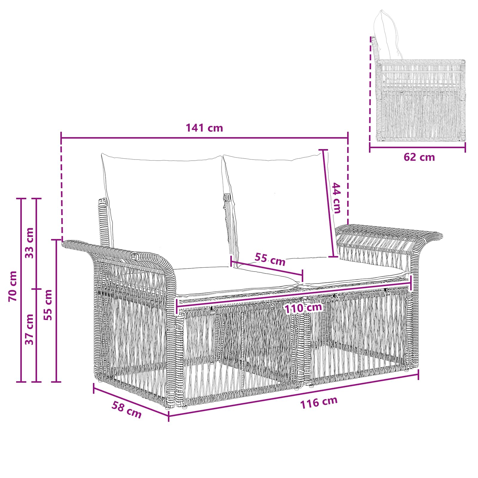 Garten-Sofa 2-Sitzanzahl Grau Poly-Rattan