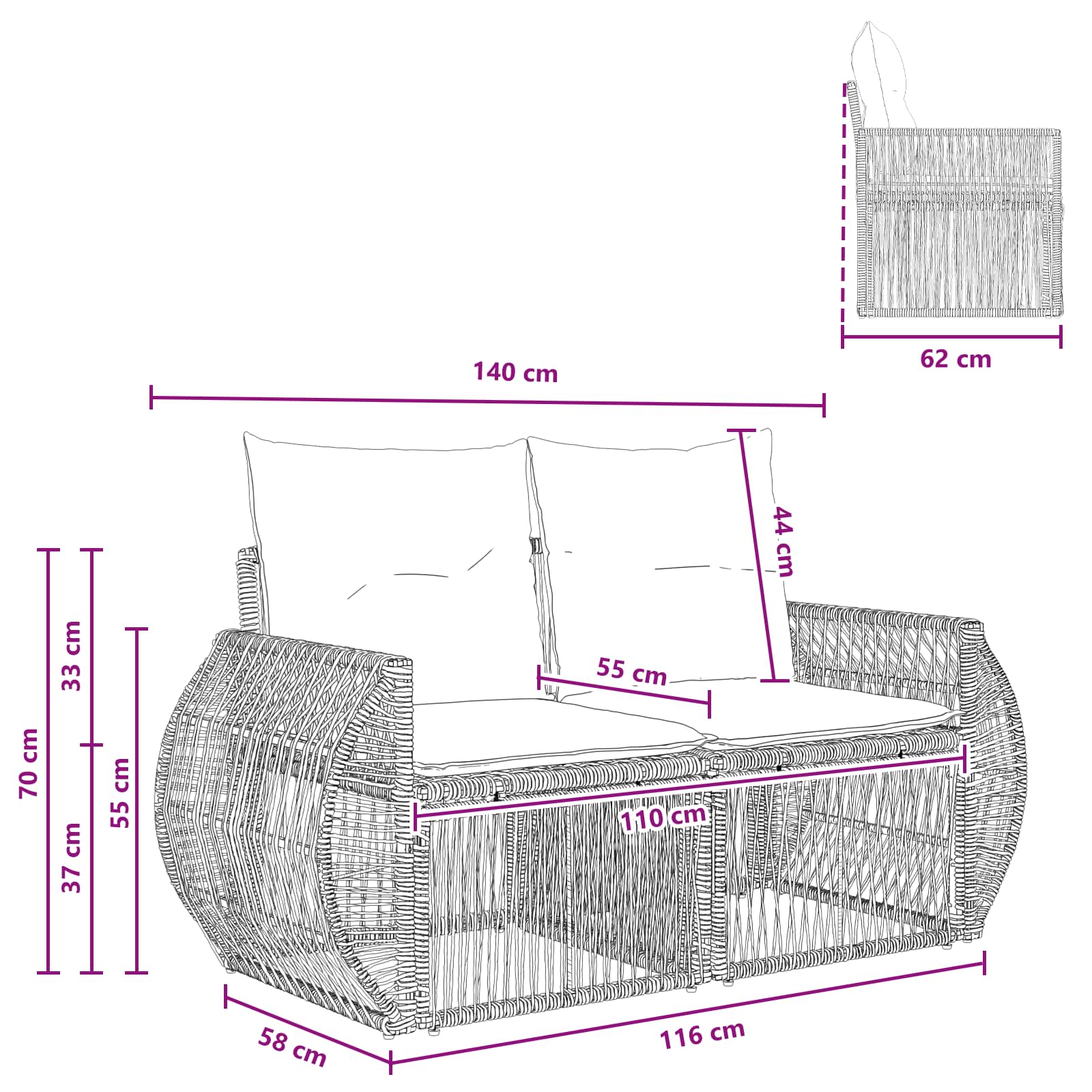 Garten-Sofa 2-Sitzanzahl Grau Poly-Rattan