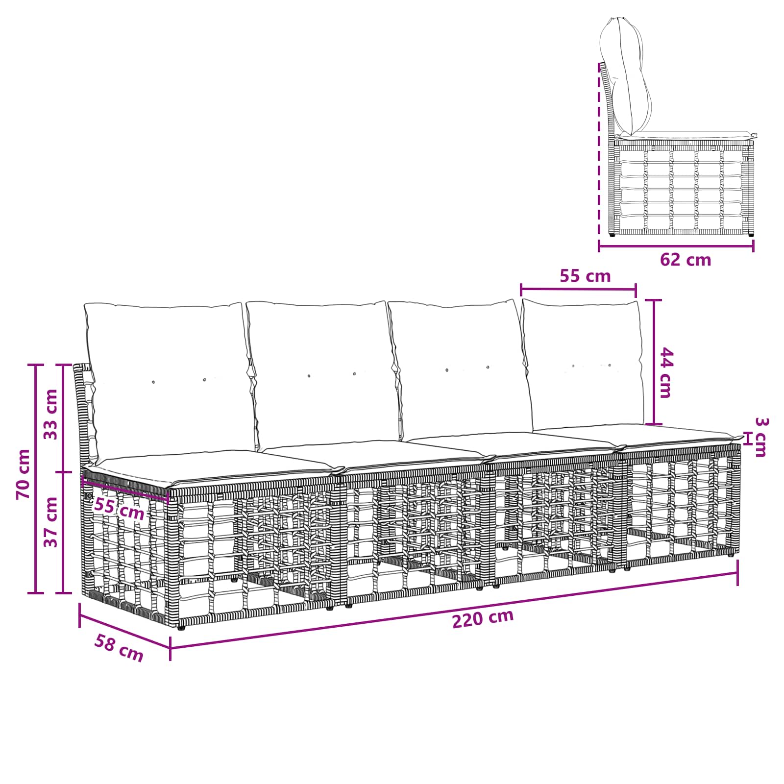 4-Sitzer Garten-Sofa ohne Armlehnen 4 pcs 4-Sitzanzahl Schwarz
