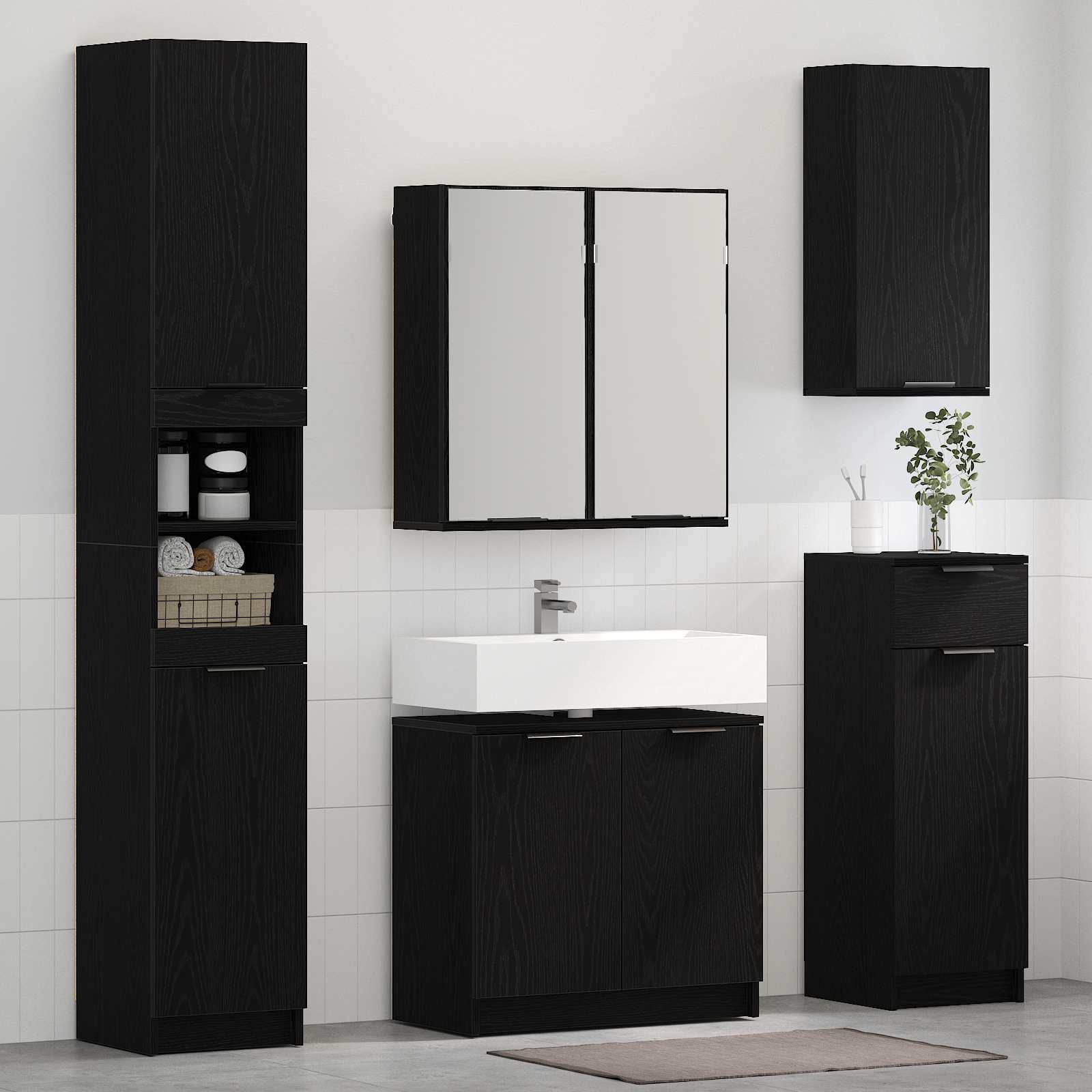 Badezimmermöbel-Set 3 pcs Schwarz Eichen-Optik Holzwerkstoff