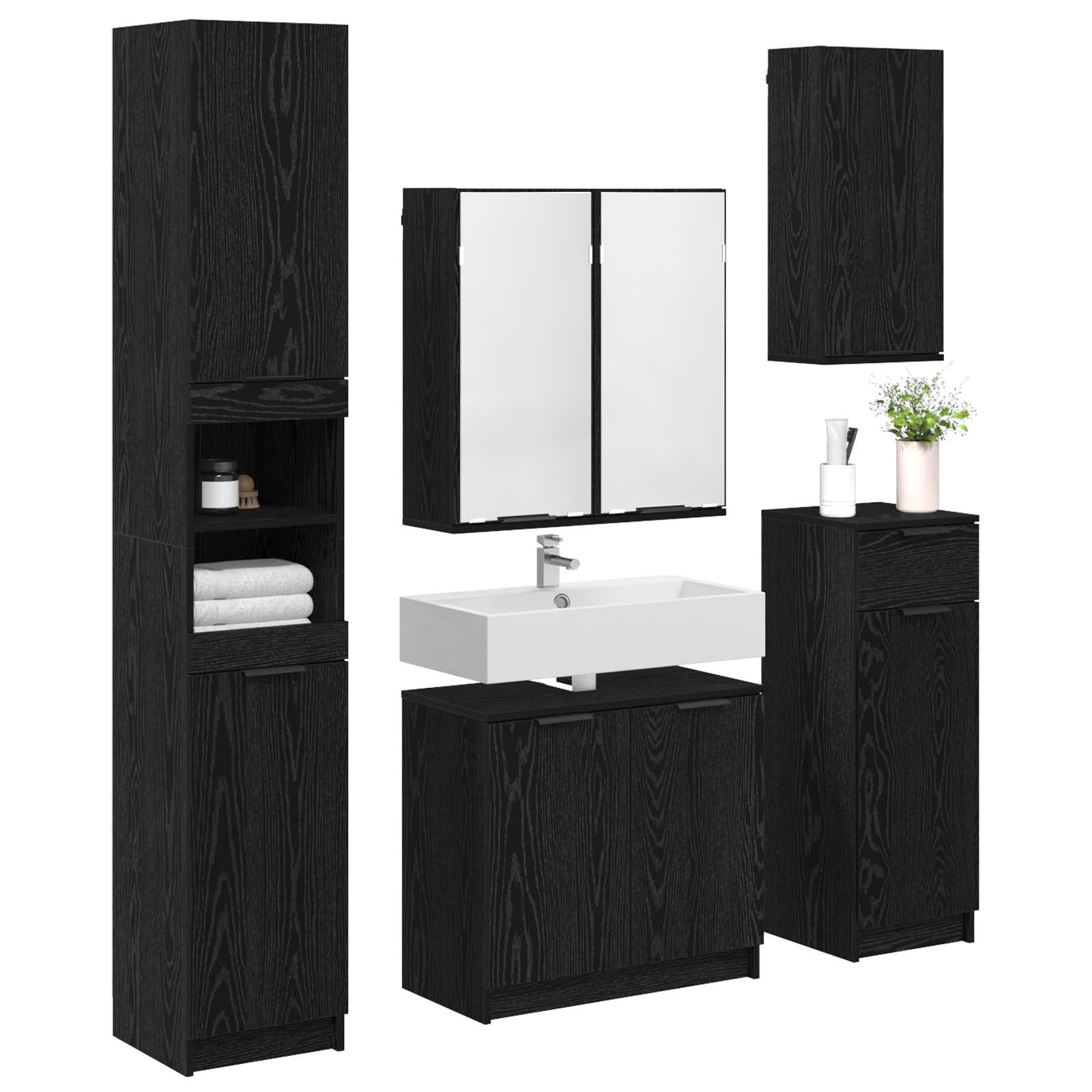 Badezimmermöbel-Set 5 pcs Schwarz Eichen-Optik Holzwerkstoff