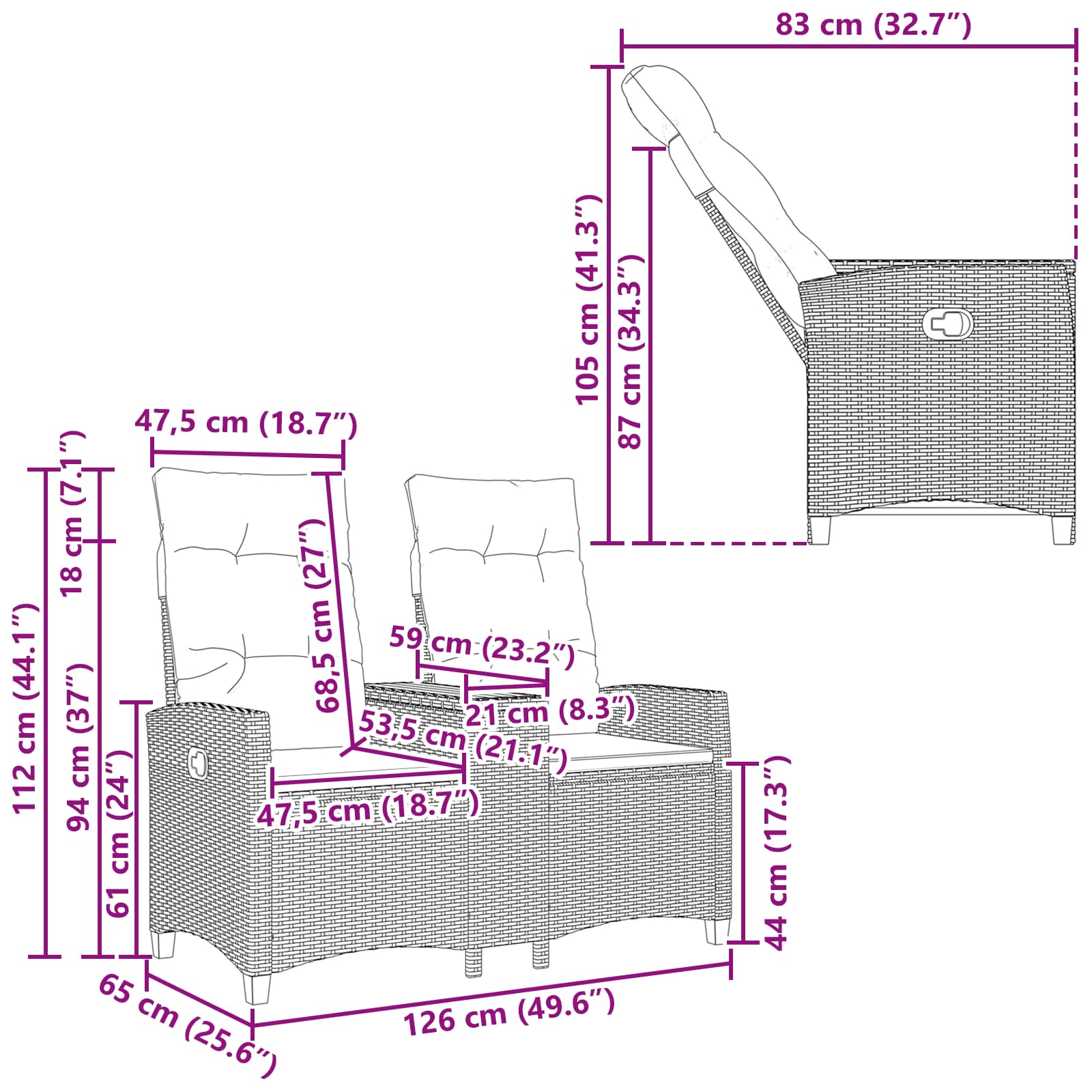 Liegebank mit Tisch Schwarz und Türkis 126 x 65 x 112 cm