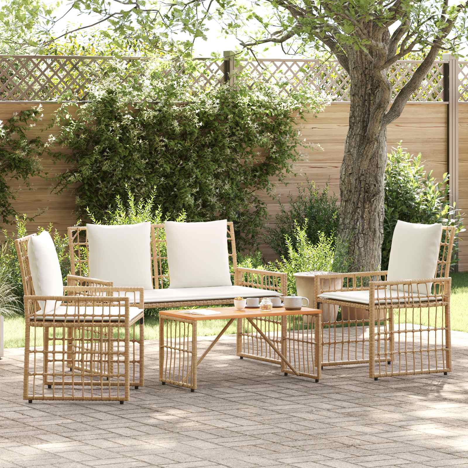 Gartenmöbel Set 4 pcs Natürlich und Cremweiß