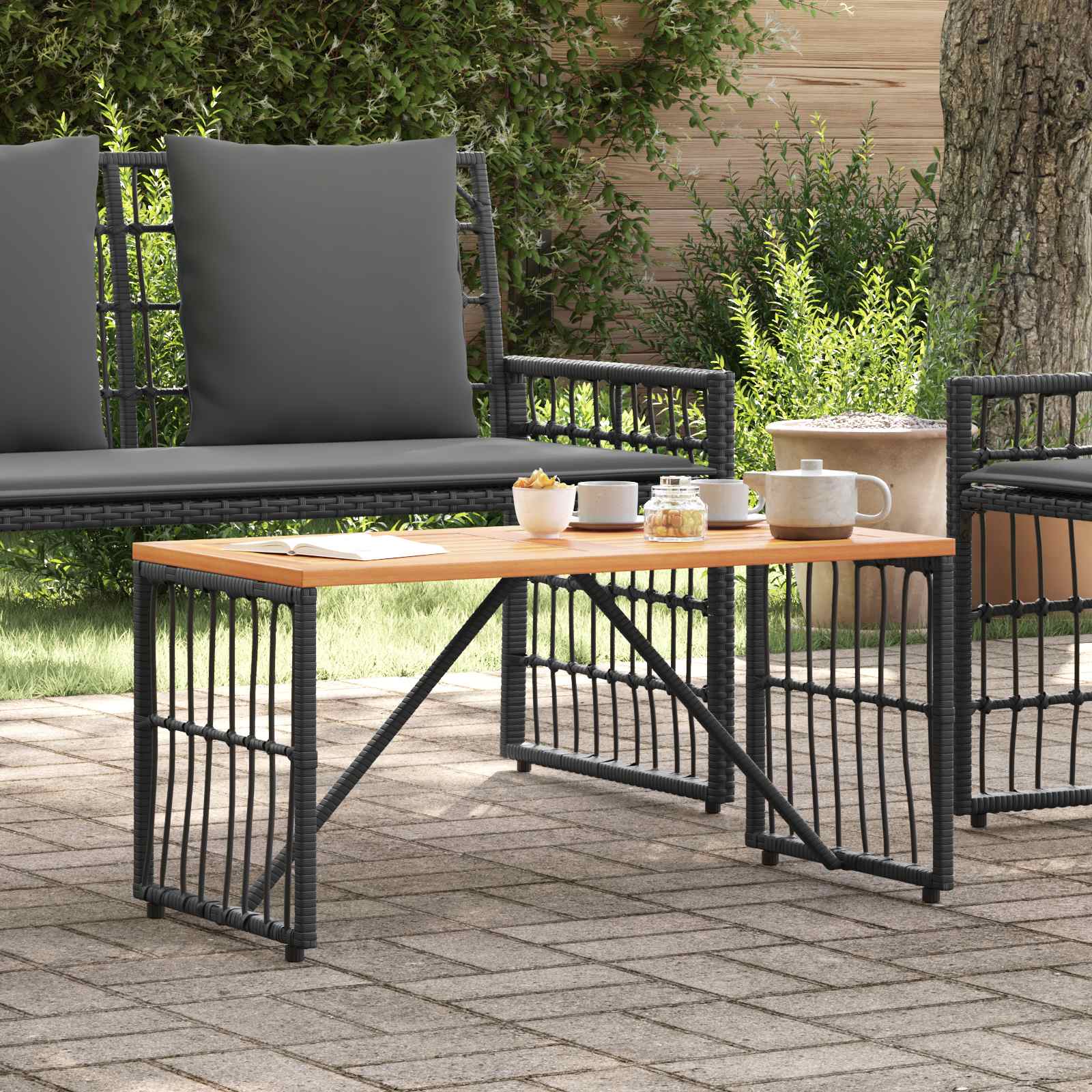 Tisch für Outdoor Schwarz 80 x 40 x 40 cm Stahl und Poly Rattan