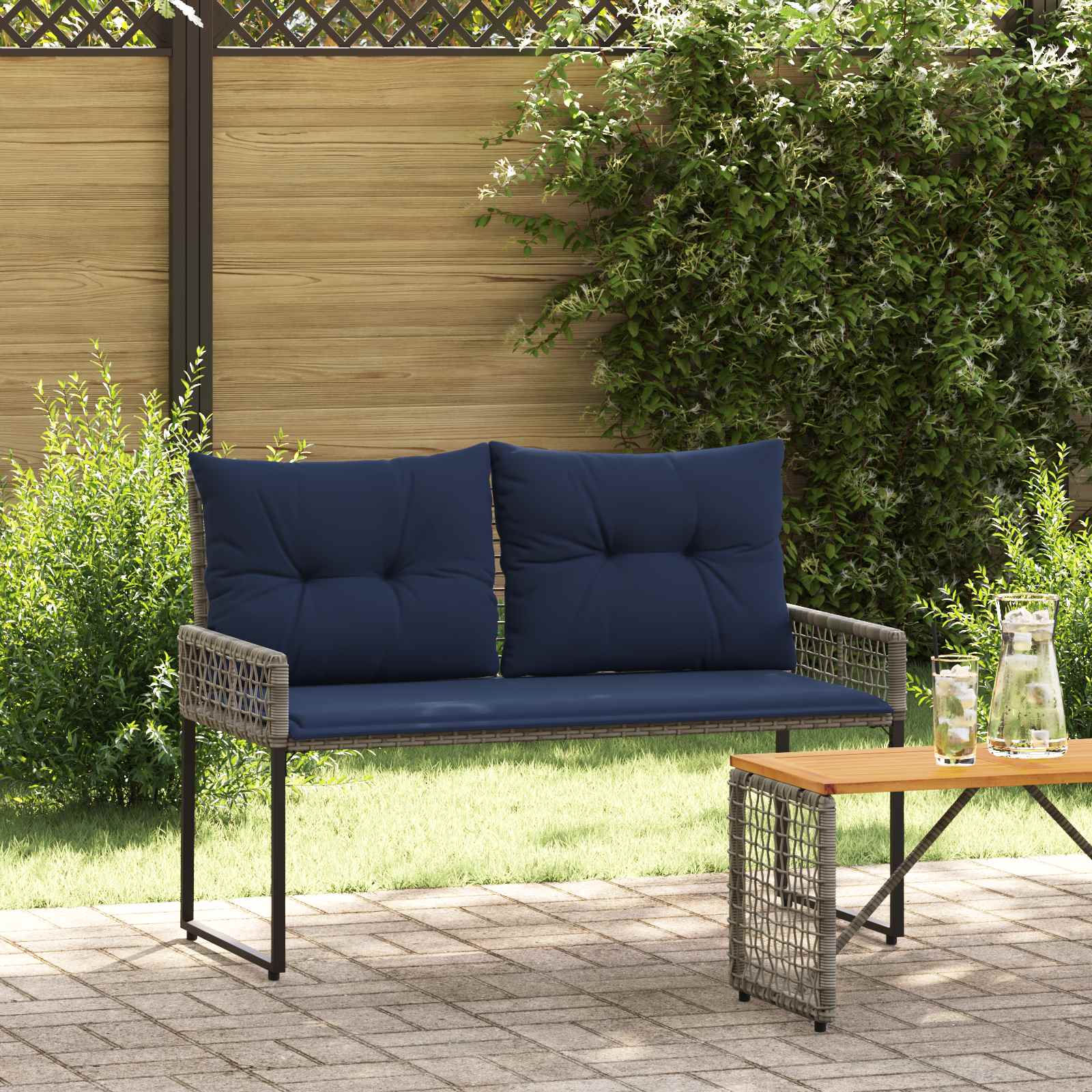 Bank Outdoor mit Kissen Grau und Marine 118 x 55 x 82 cm