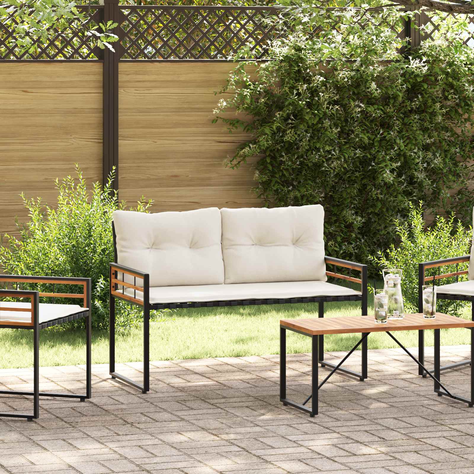 Holz-Lagenbank mit Kissen Uni mit Kissen Creme 114 x 55 x 77 cm