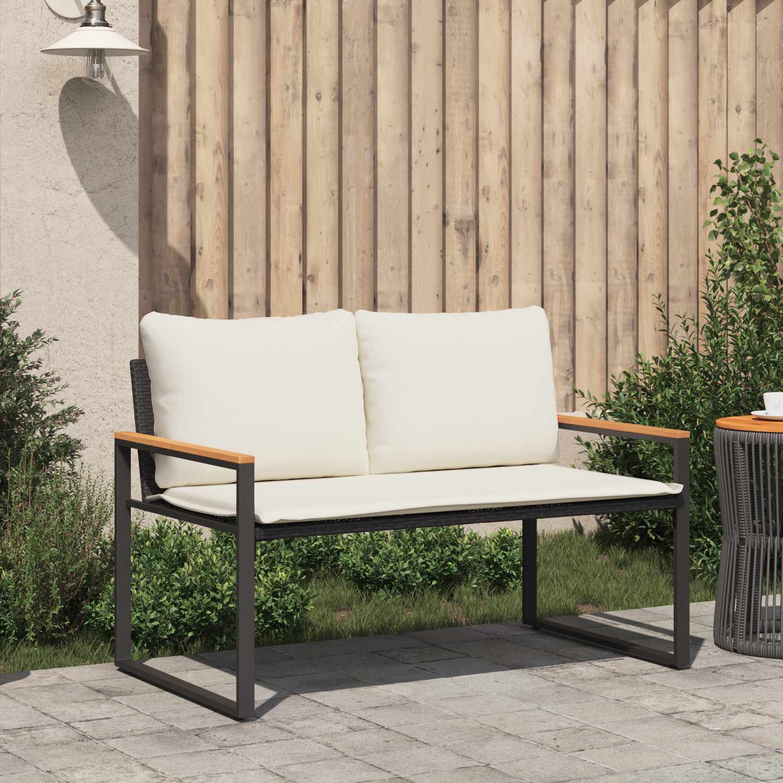 Bank mit Kissen Schwarz und Cremeweiß 115 x 65 x 72 cm Rattan