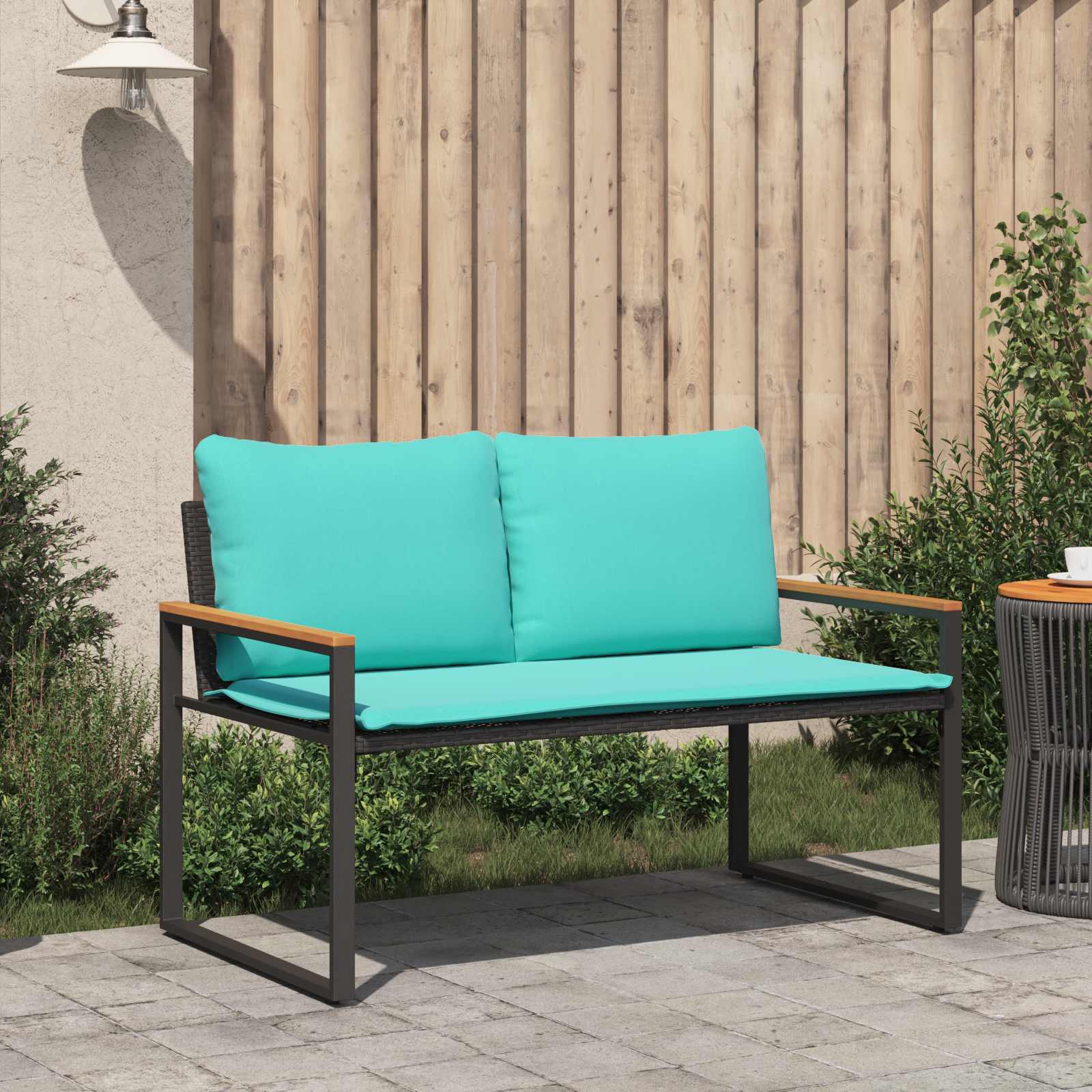Bank mit Kissen Schwarz und Türkis 115 x 65 x 72 cm Rattan