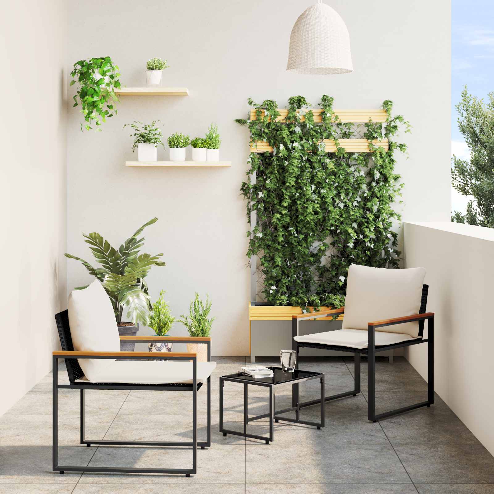 Möbelsets mit Kissen 3 pcs Schwarz und Cremeweiß Rattan