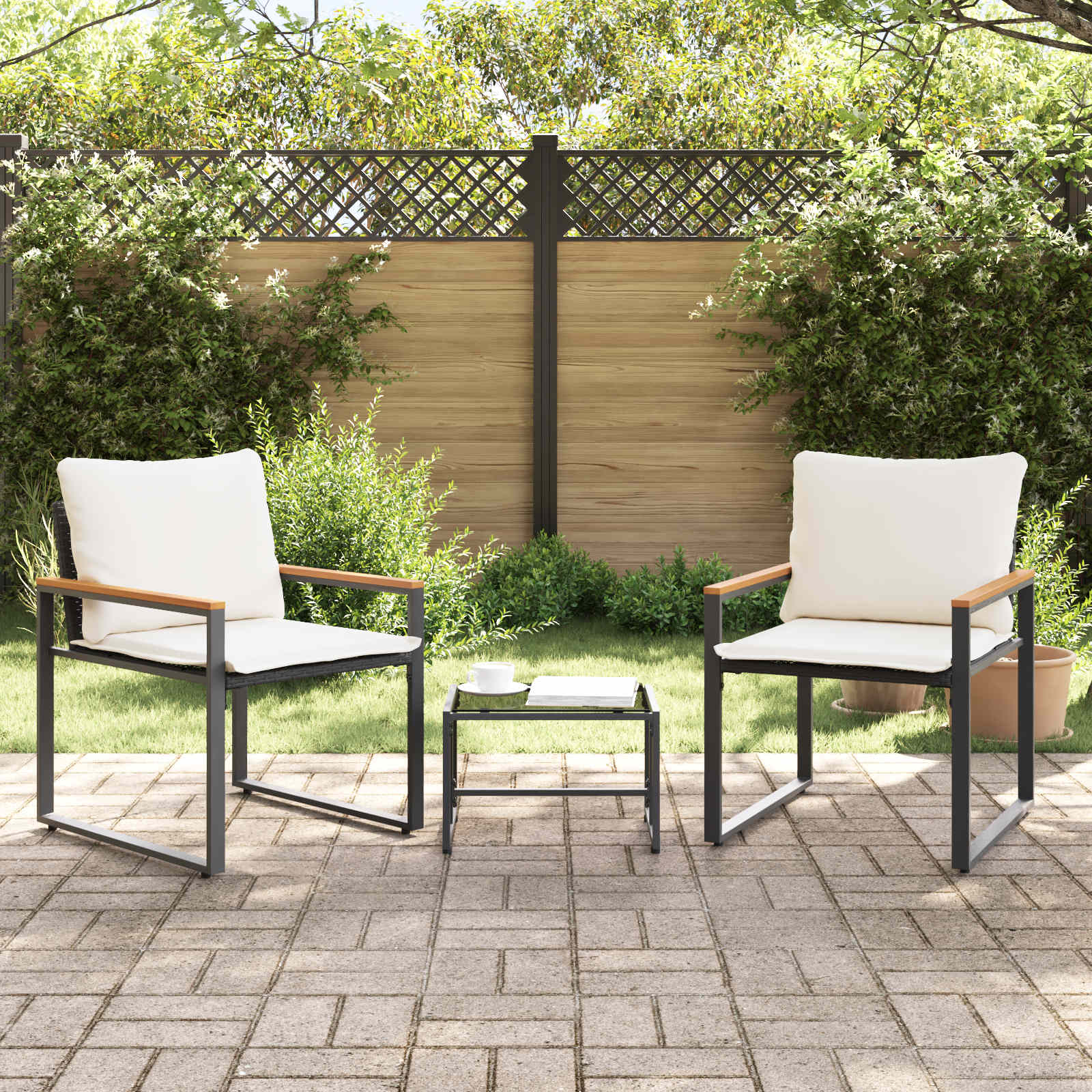 Möbelsets mit Kissen 3 pcs Schwarz und Cremeweiß Rattan